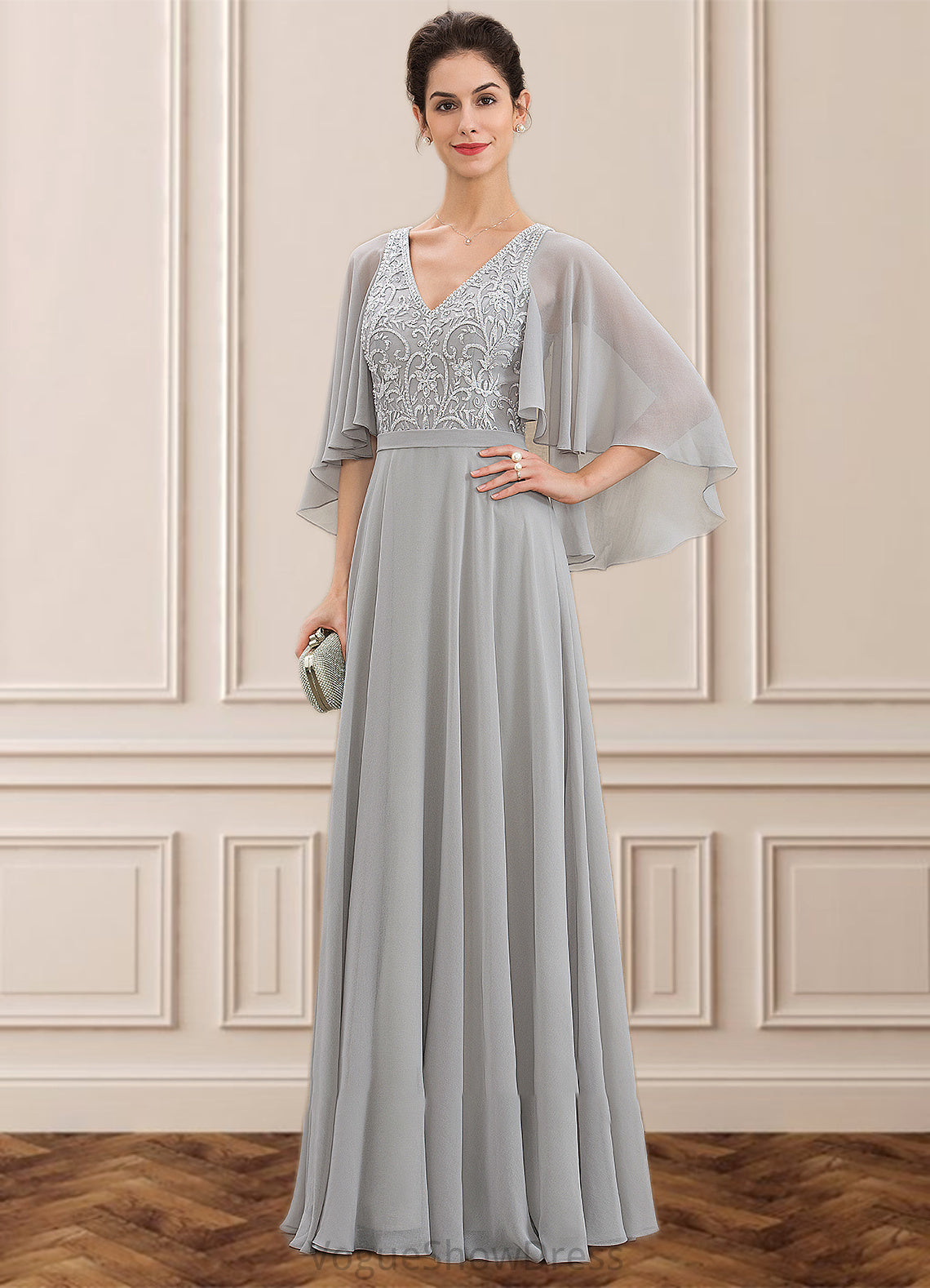 Tricia A-line V-Neck Floor-Length Chiffon Lace Mother of the Bride Dress With Beading Sequins DL126P0014563