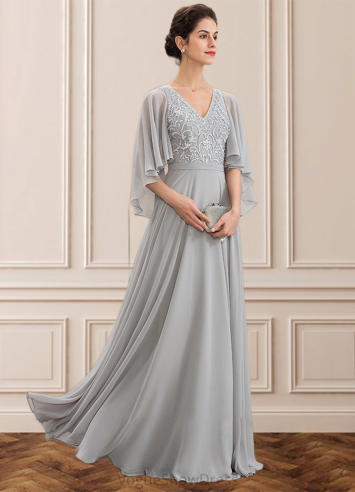 Tricia A-line V-Neck Floor-Length Chiffon Lace Mother of the Bride Dress With Beading Sequins DL126P0014563