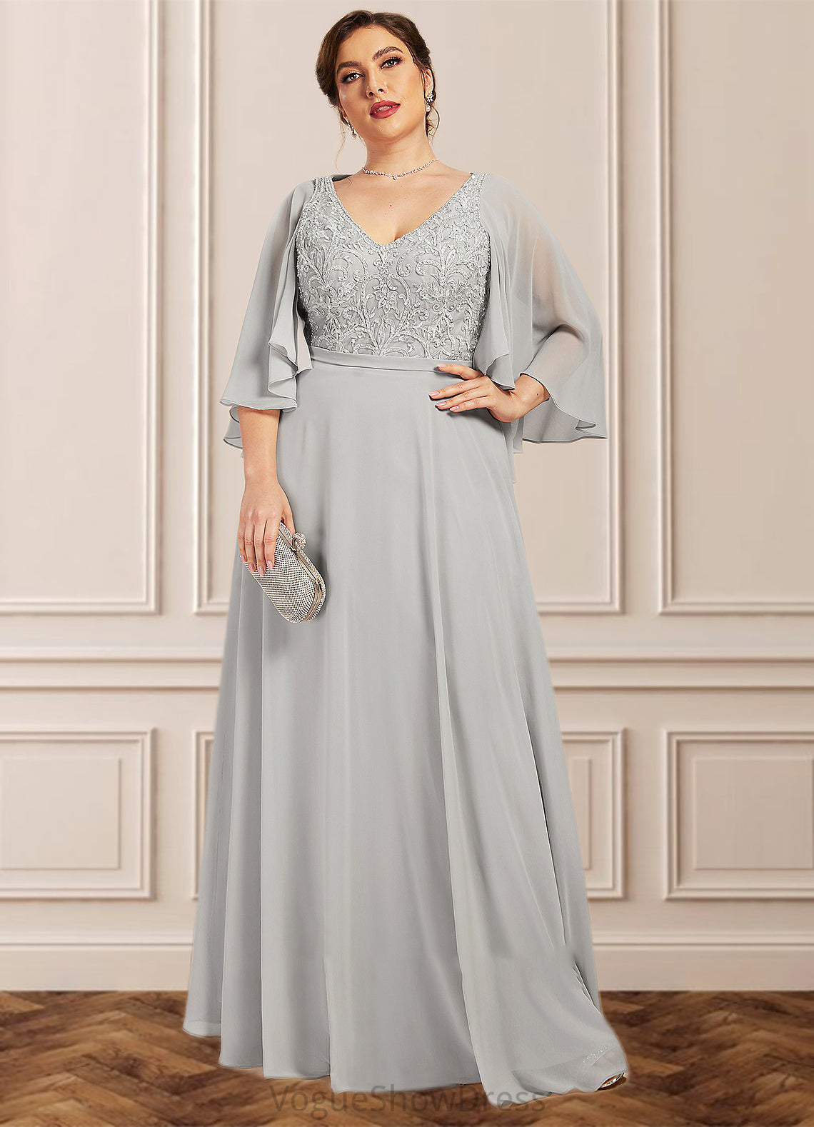 Tricia A-line V-Neck Floor-Length Chiffon Lace Mother of the Bride Dress With Beading Sequins DL126P0014563