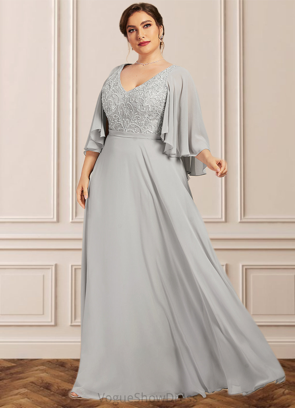 Tricia A-line V-Neck Floor-Length Chiffon Lace Mother of the Bride Dress With Beading Sequins DL126P0014563