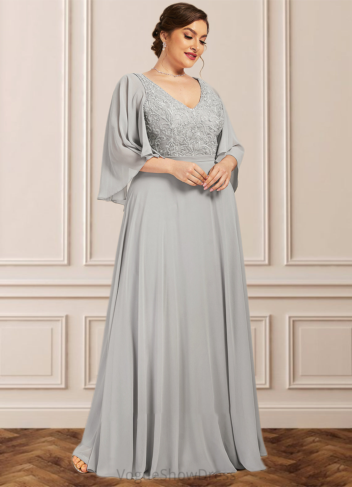 Tricia A-line V-Neck Floor-Length Chiffon Lace Mother of the Bride Dress With Beading Sequins DL126P0014563