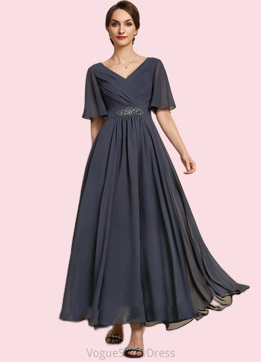 Lila A-Line V-neck Ankle-Length Chiffon Mother of the Bride Dress With Ruffle Beading Sequins DL126P0014564