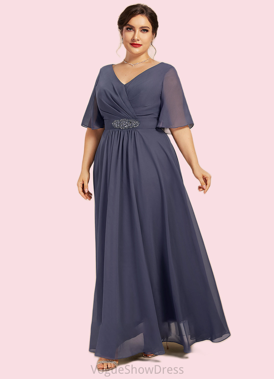 Lila A-Line V-neck Ankle-Length Chiffon Mother of the Bride Dress With Ruffle Beading Sequins DL126P0014564