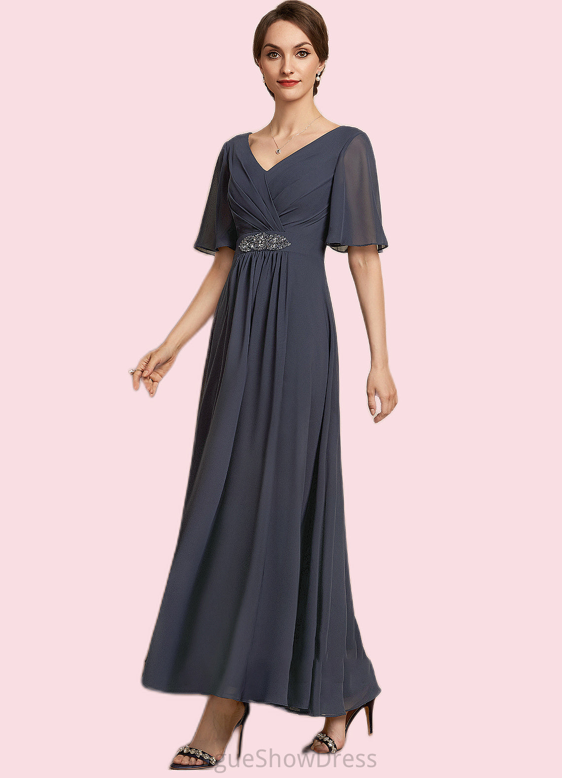 Lila A-Line V-neck Ankle-Length Chiffon Mother of the Bride Dress With Ruffle Beading Sequins DL126P0014564