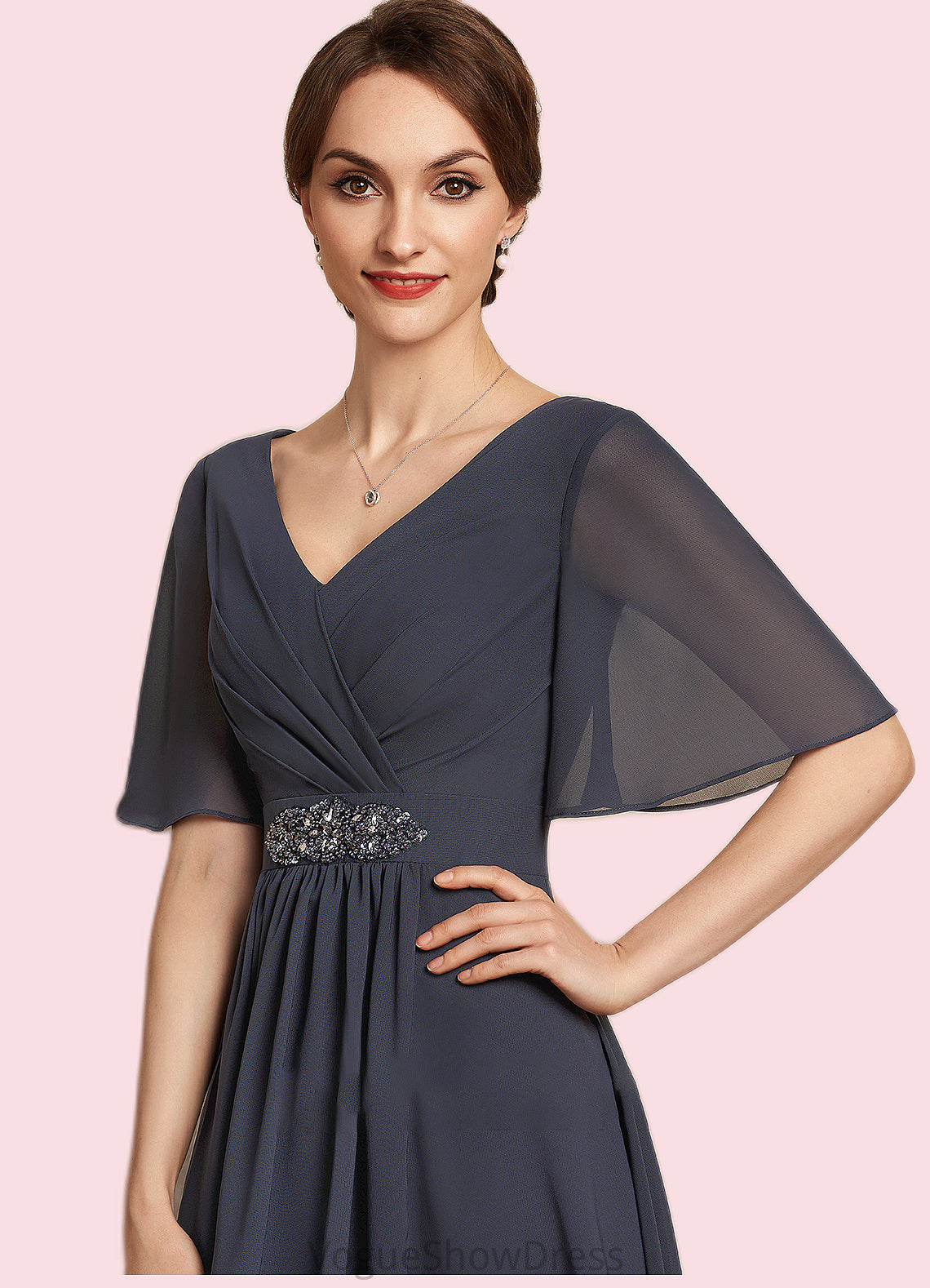 Lila A-Line V-neck Ankle-Length Chiffon Mother of the Bride Dress With Ruffle Beading Sequins DL126P0014564