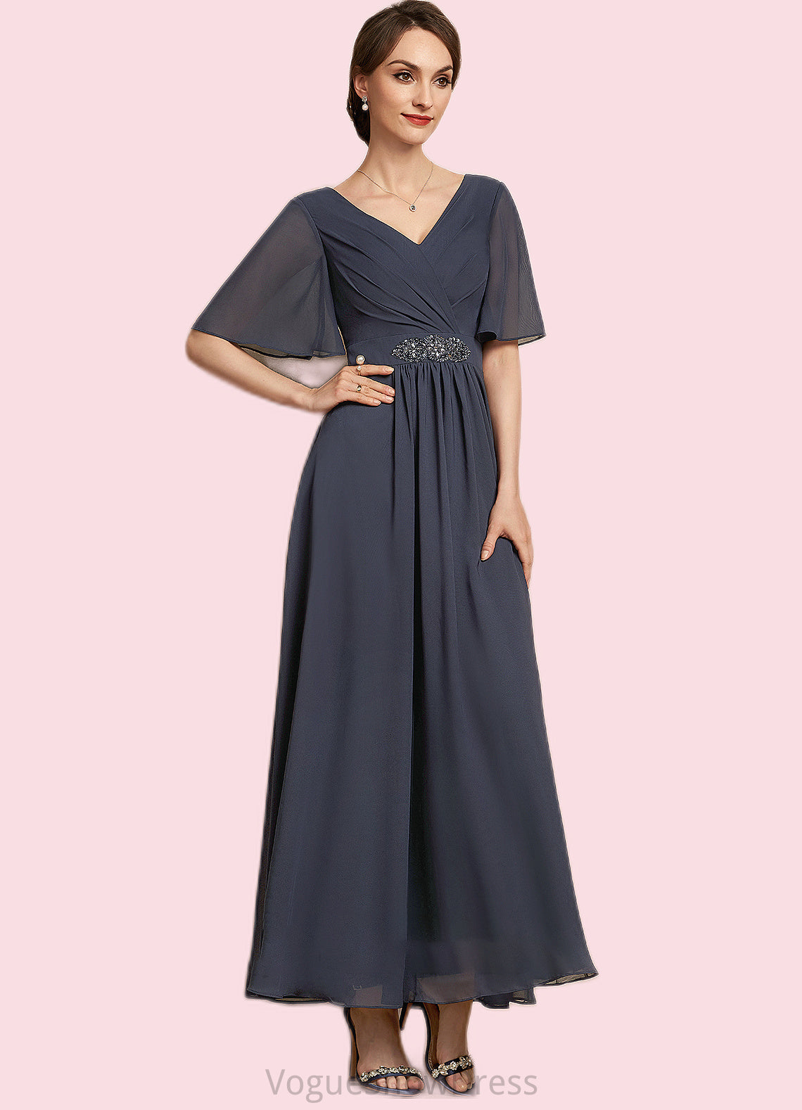 Lila A-Line V-neck Ankle-Length Chiffon Mother of the Bride Dress With Ruffle Beading Sequins DL126P0014564