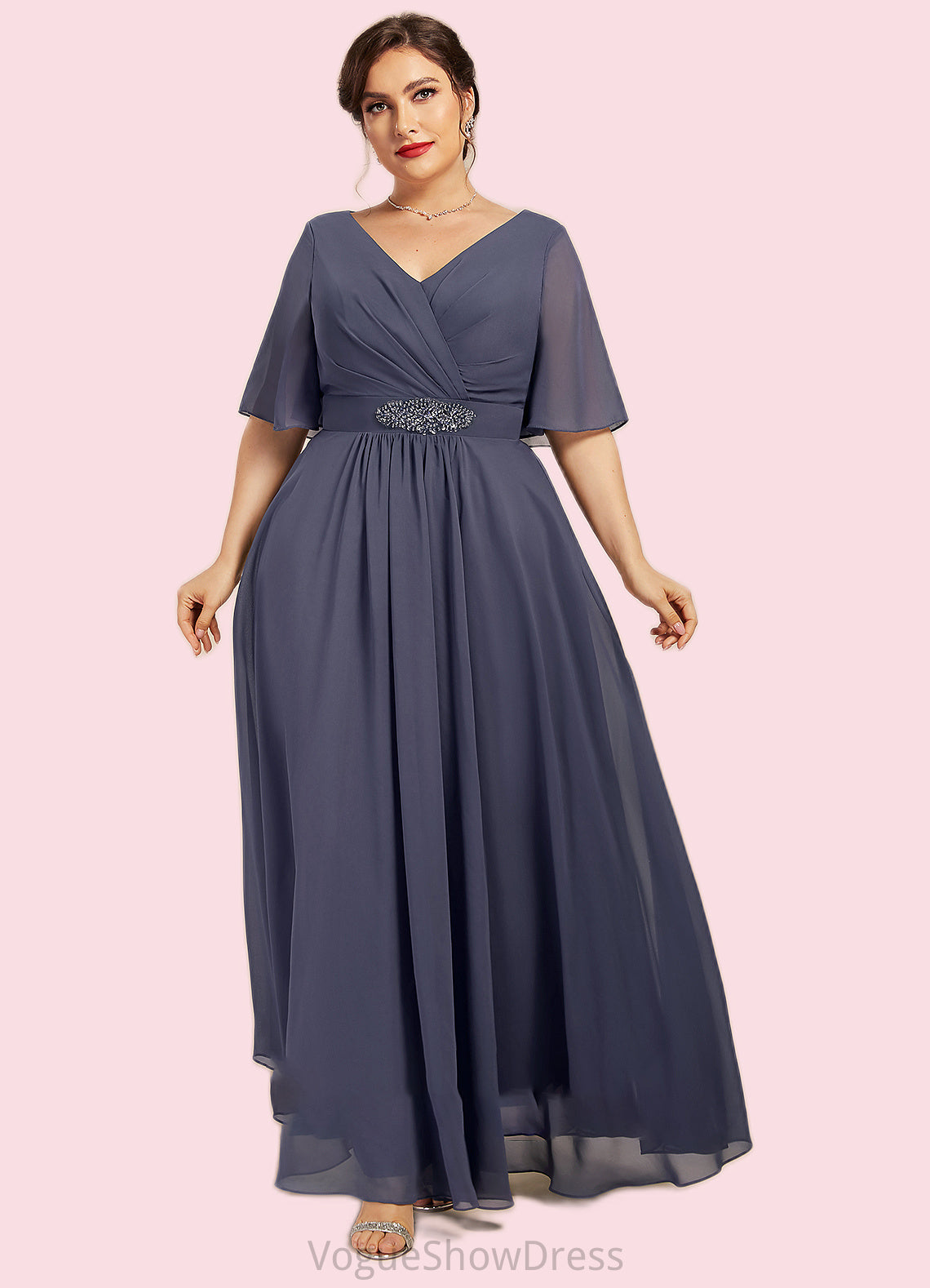 Lila A-Line V-neck Ankle-Length Chiffon Mother of the Bride Dress With Ruffle Beading Sequins DL126P0014564