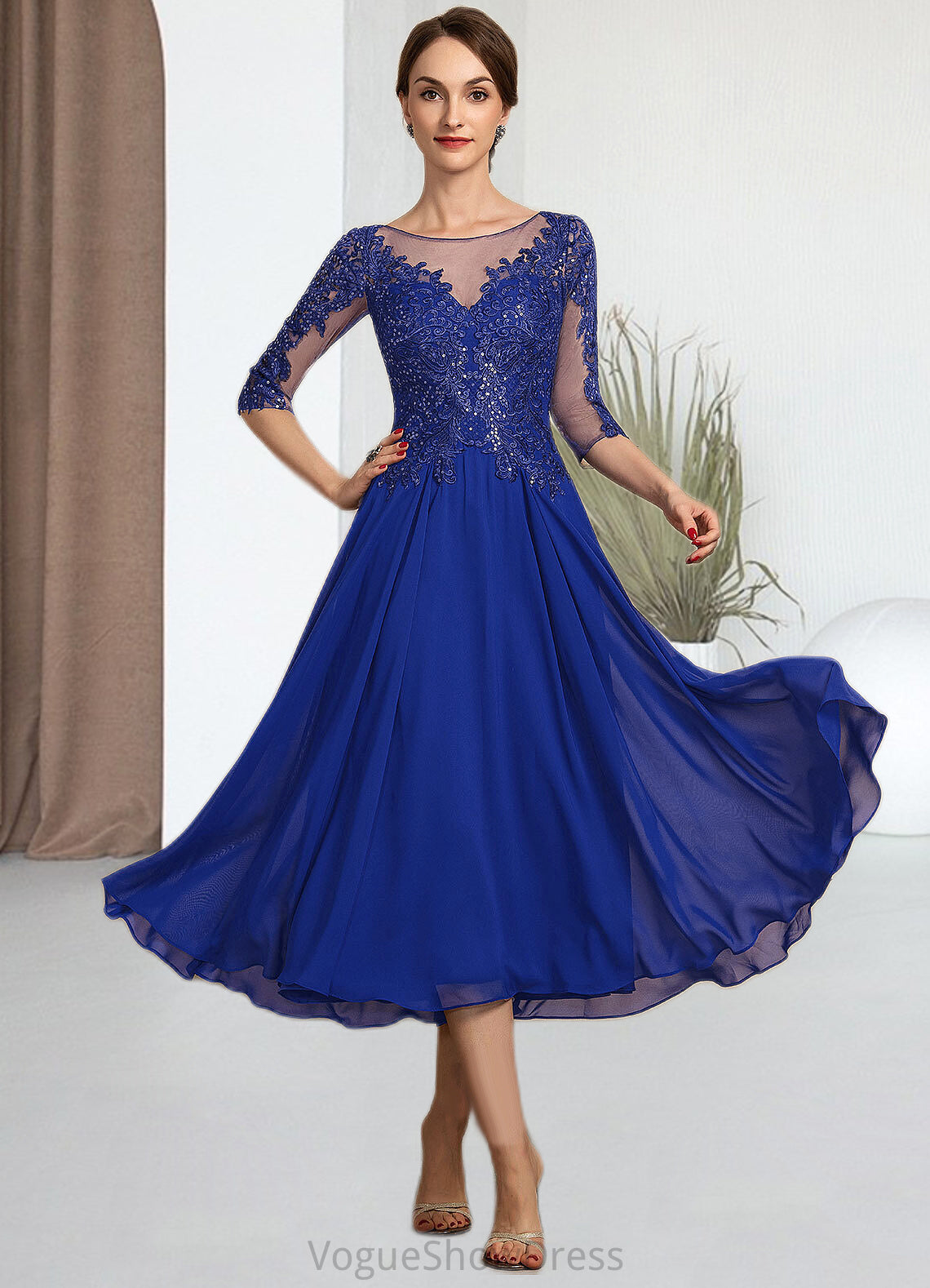 Susie A-Line Scoop Neck Tea-Length Chiffon Lace Mother of the Bride Dress With Sequins DL126P0014565