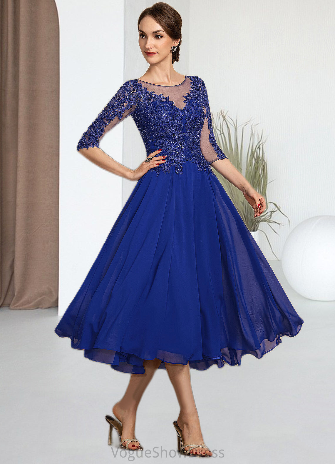 Susie A-Line Scoop Neck Tea-Length Chiffon Lace Mother of the Bride Dress With Sequins DL126P0014565