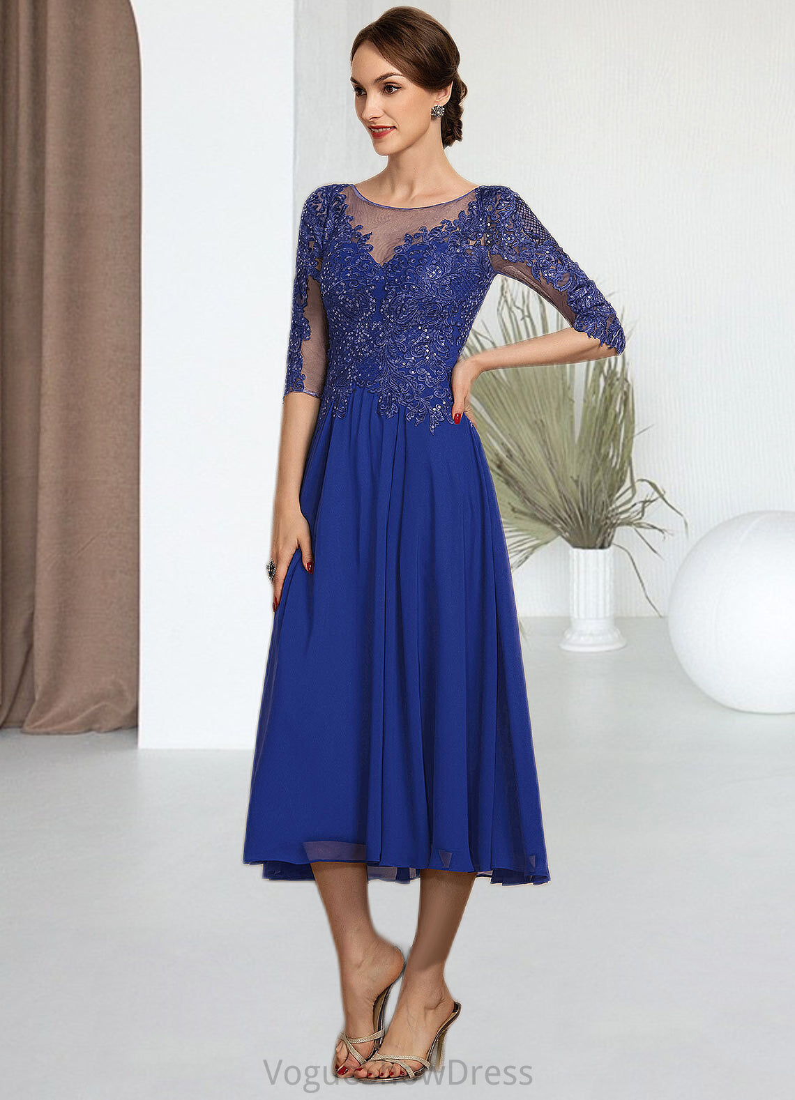 Susie A-Line Scoop Neck Tea-Length Chiffon Lace Mother of the Bride Dress With Sequins DL126P0014565