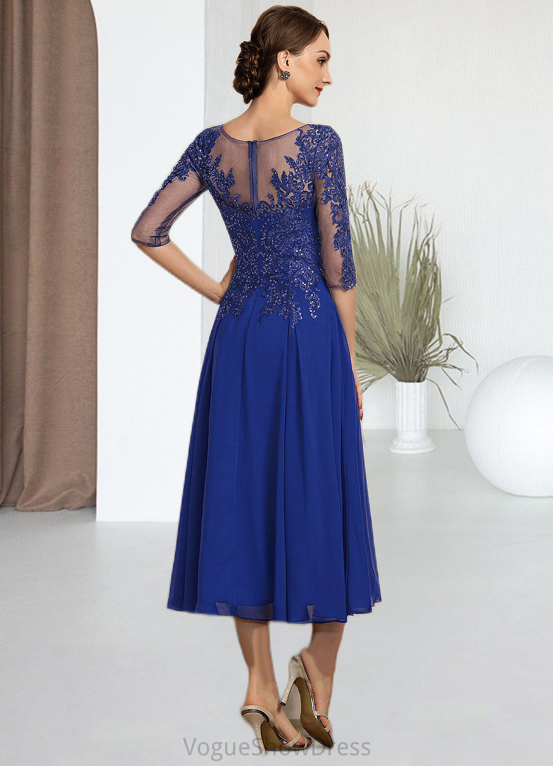 Susie A-Line Scoop Neck Tea-Length Chiffon Lace Mother of the Bride Dress With Sequins DL126P0014565