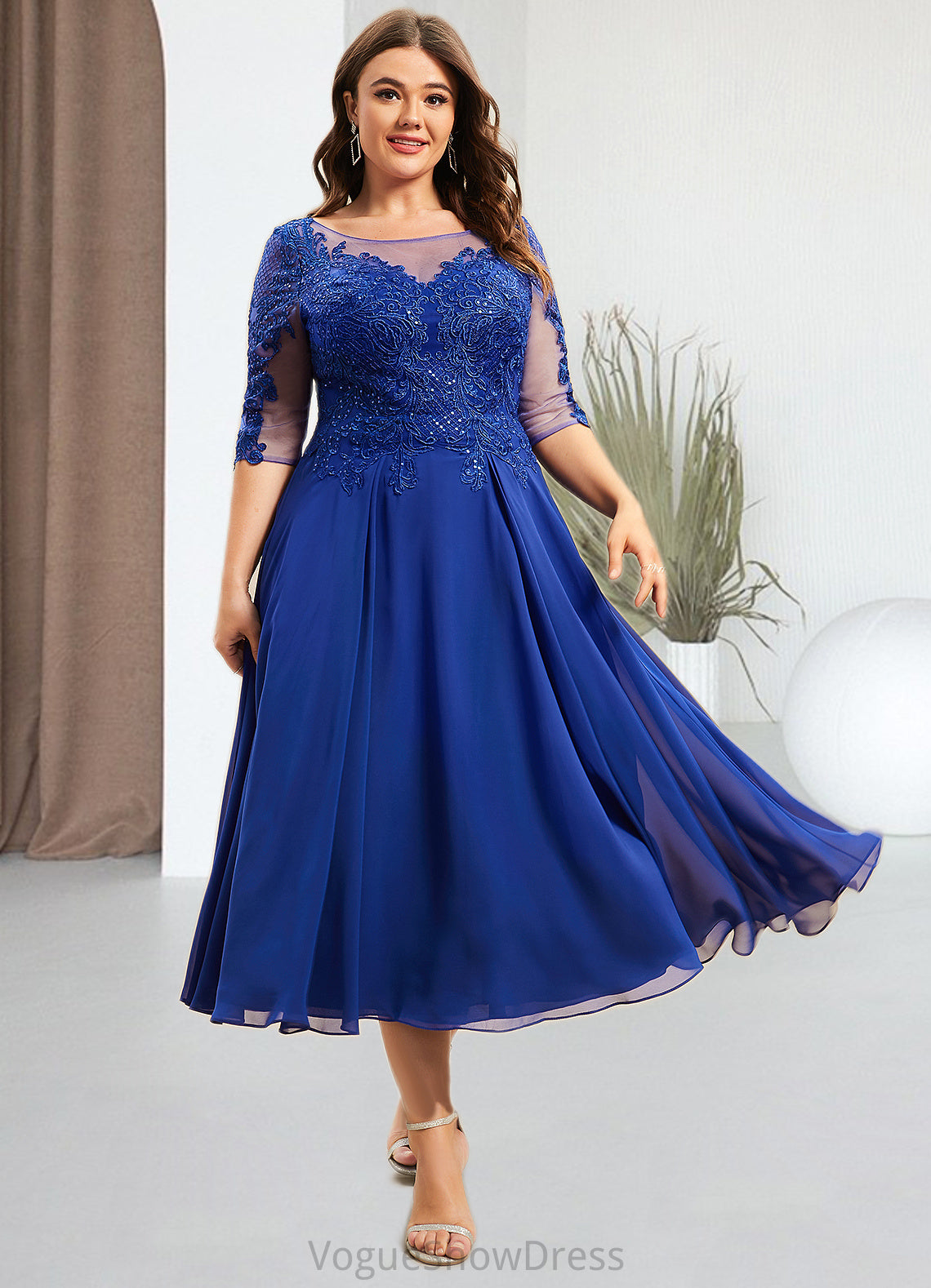 Susie A-Line Scoop Neck Tea-Length Chiffon Lace Mother of the Bride Dress With Sequins DL126P0014565