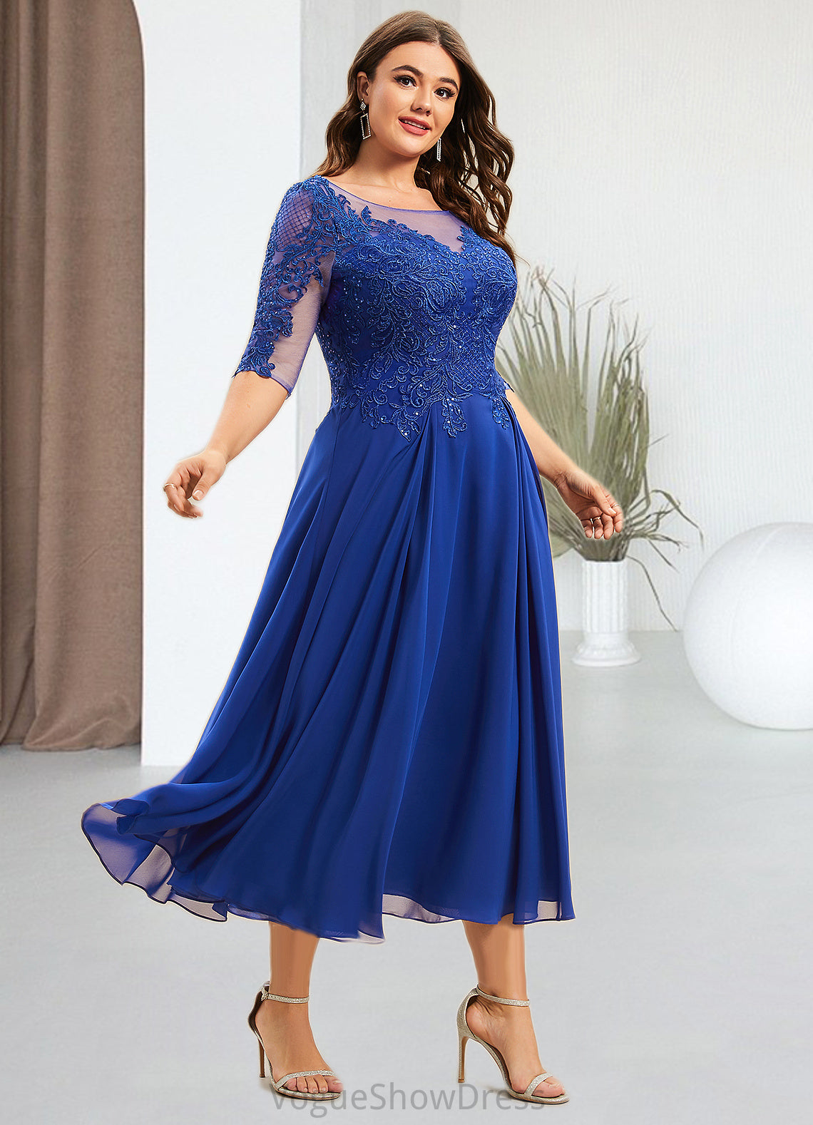 Susie A-Line Scoop Neck Tea-Length Chiffon Lace Mother of the Bride Dress With Sequins DL126P0014565