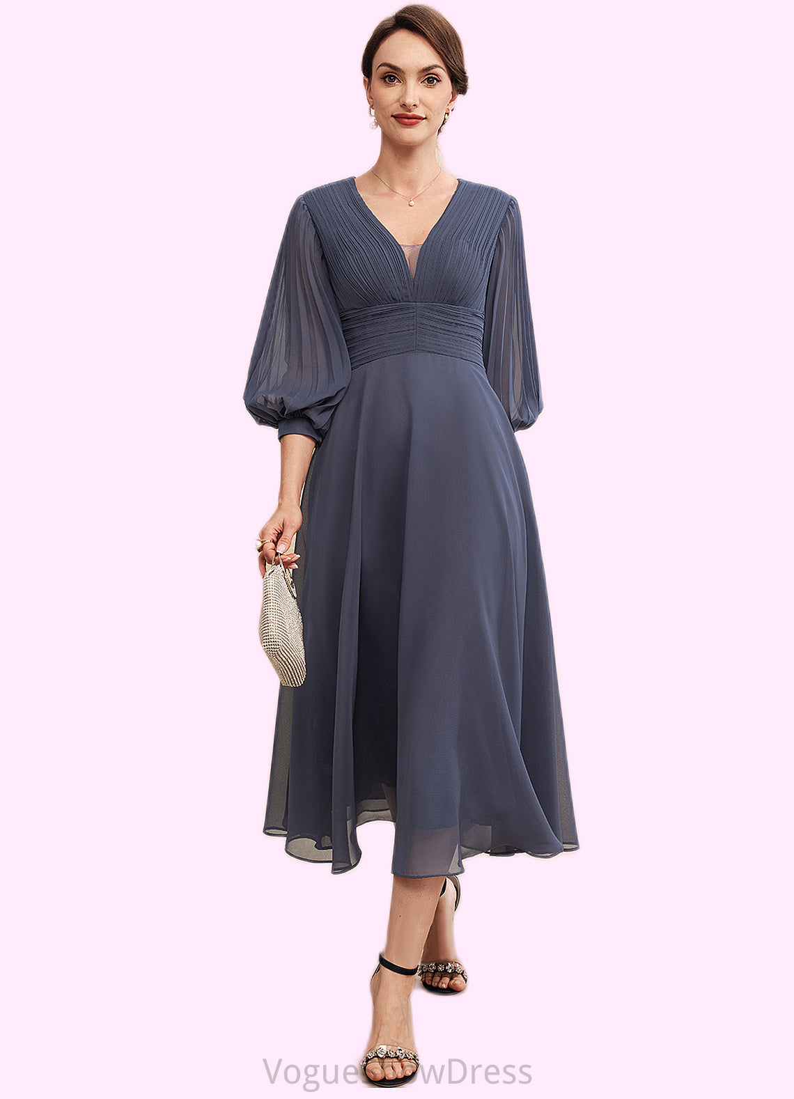 Emilia A-Line V-neck Tea-Length Chiffon Mother of the Bride Dress With Ruffle DL126P0014566