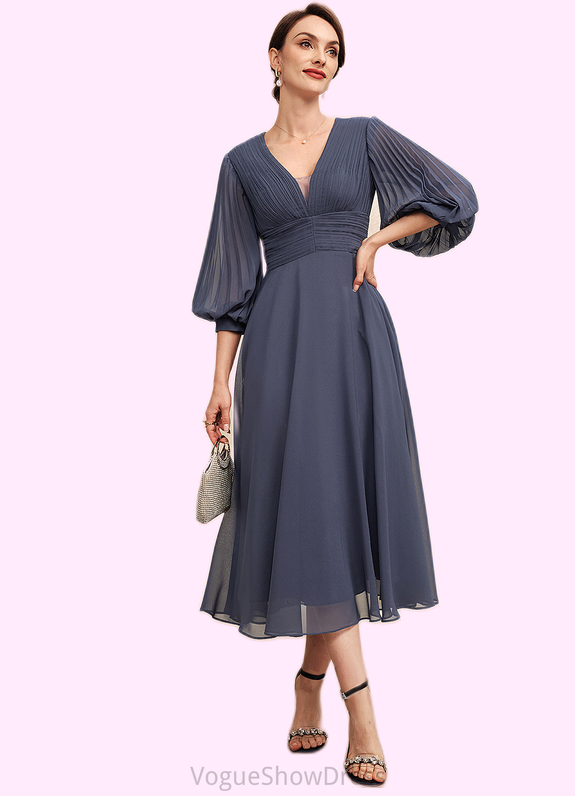 Emilia A-Line V-neck Tea-Length Chiffon Mother of the Bride Dress With Ruffle DL126P0014566