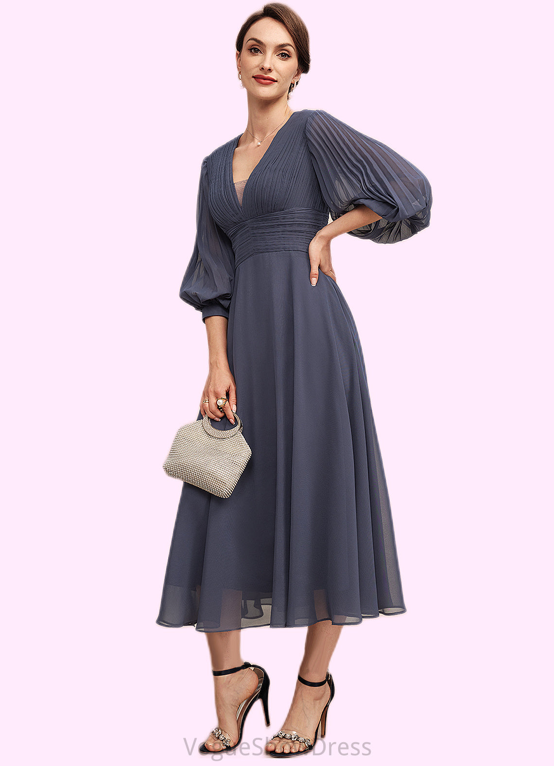 Emilia A-Line V-neck Tea-Length Chiffon Mother of the Bride Dress With Ruffle DL126P0014566