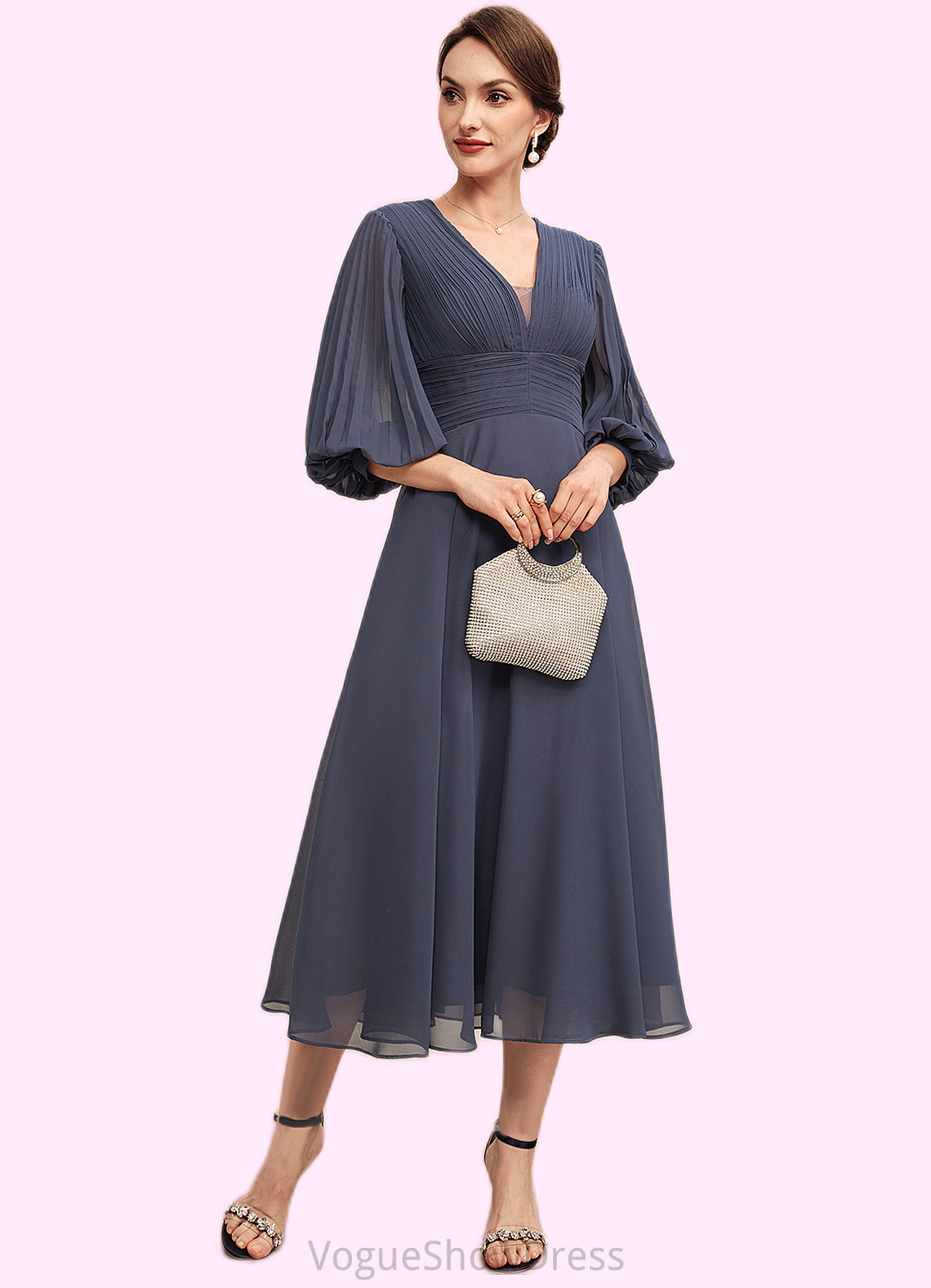 Emilia A-Line V-neck Tea-Length Chiffon Mother of the Bride Dress With Ruffle DL126P0014566