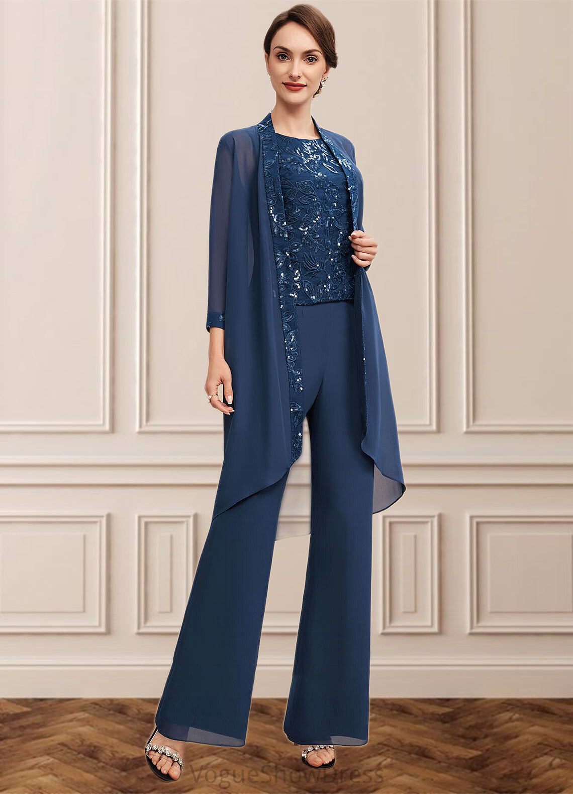 Stella Jumpsuit/Pantsuit Scoop Neck Floor-Length Chiffon Lace Mother of the Bride Dress With Sequins DL126P0014567