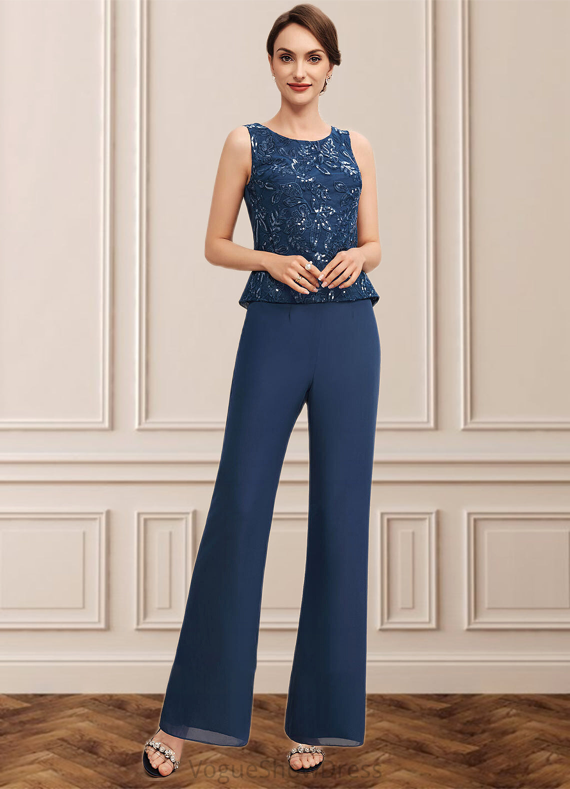 Stella Jumpsuit/Pantsuit Scoop Neck Floor-Length Chiffon Lace Mother of the Bride Dress With Sequins DL126P0014567