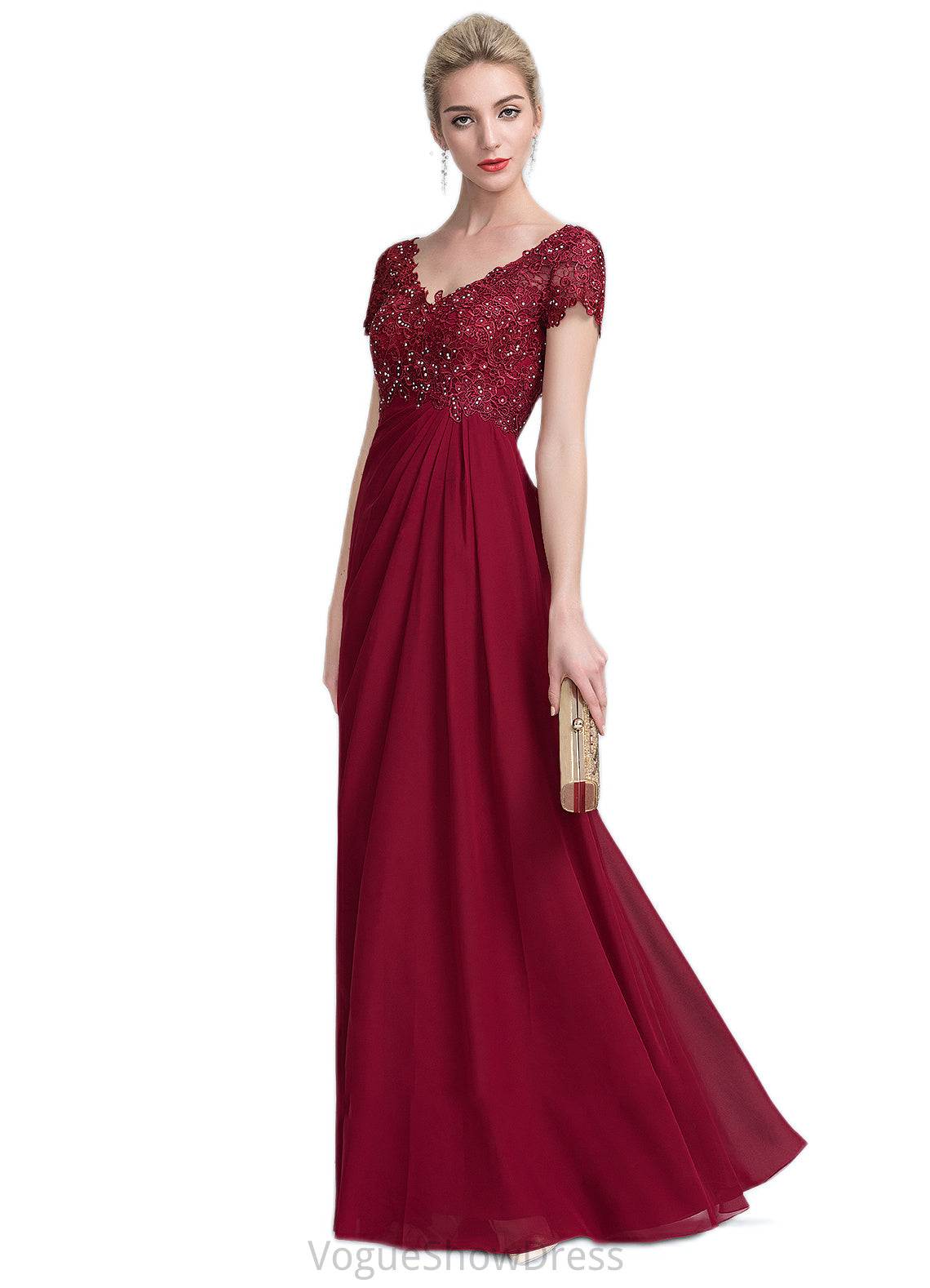 Caitlyn A-Line V-neck Floor-Length Chiffon Lace Mother of the Bride Dress With Ruffle Beading DL126P0014569