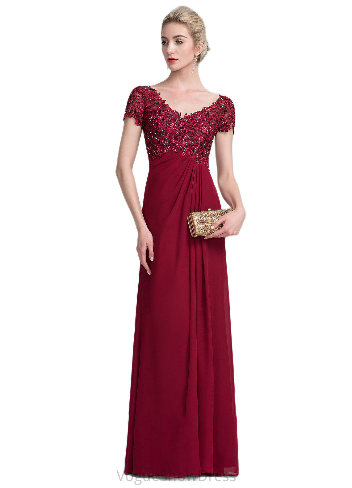 Caitlyn A-Line V-neck Floor-Length Chiffon Lace Mother of the Bride Dress With Ruffle Beading DL126P0014569