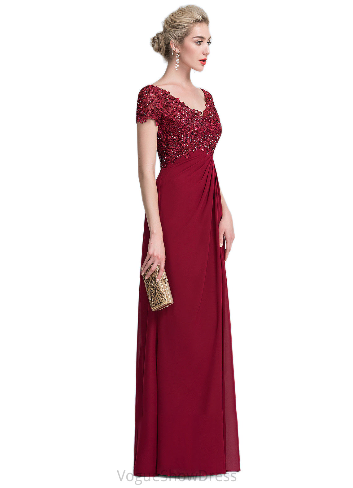 Caitlyn A-Line V-neck Floor-Length Chiffon Lace Mother of the Bride Dress With Ruffle Beading DL126P0014569