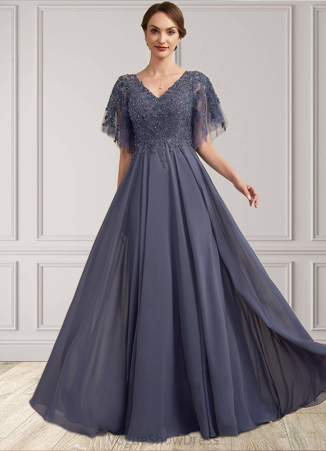 Florence A-line V-Neck Floor-Length Chiffon Lace Mother of the Bride Dress With Beading Sequins DL126P0014571