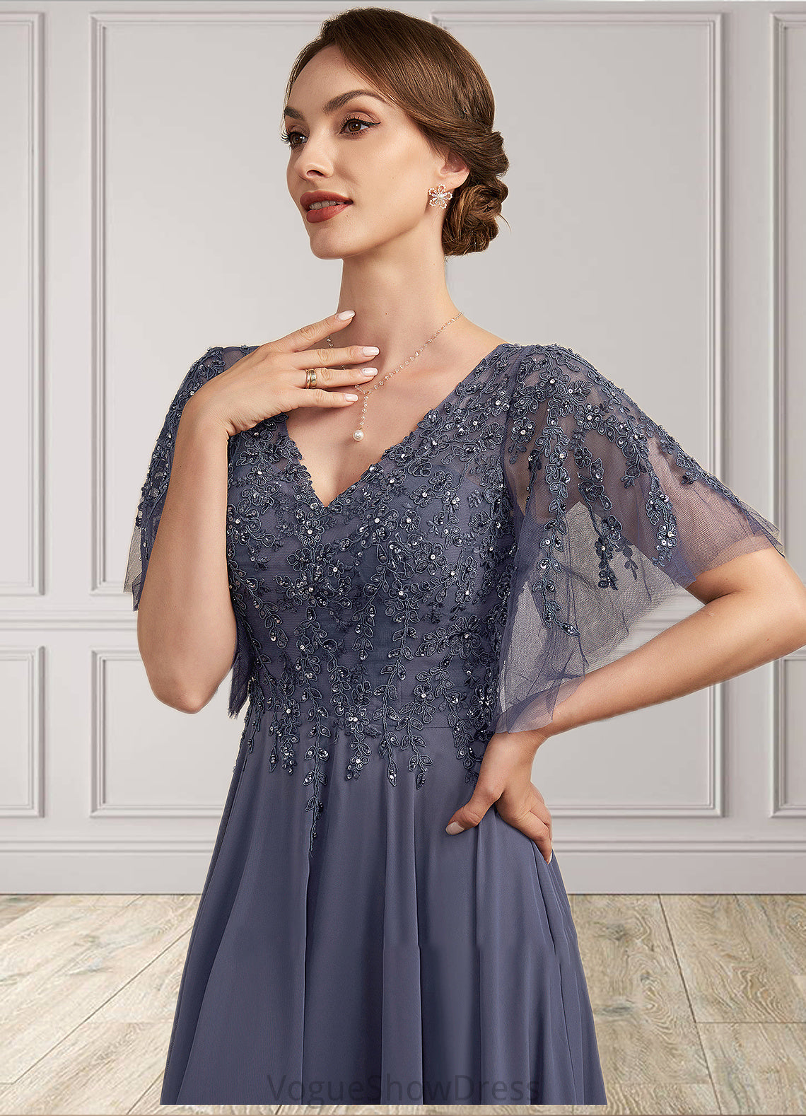 Florence A-line V-Neck Floor-Length Chiffon Lace Mother of the Bride Dress With Beading Sequins DL126P0014571