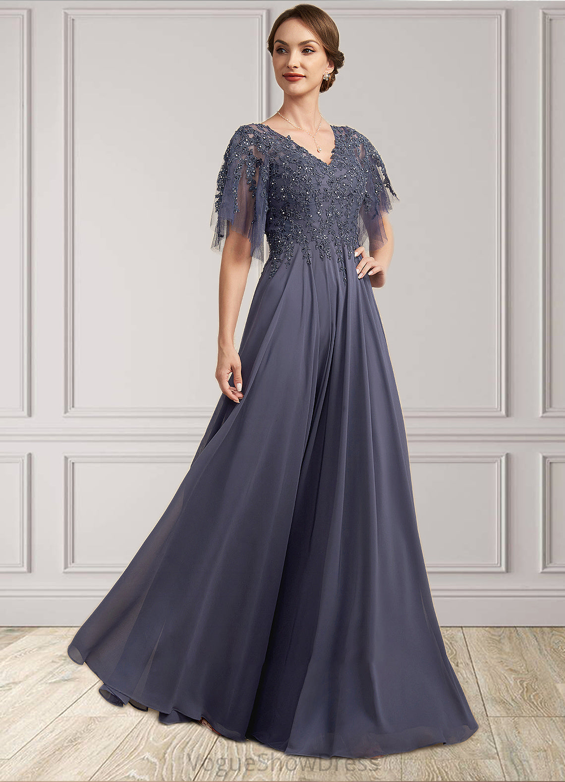 Florence A-line V-Neck Floor-Length Chiffon Lace Mother of the Bride Dress With Beading Sequins DL126P0014571