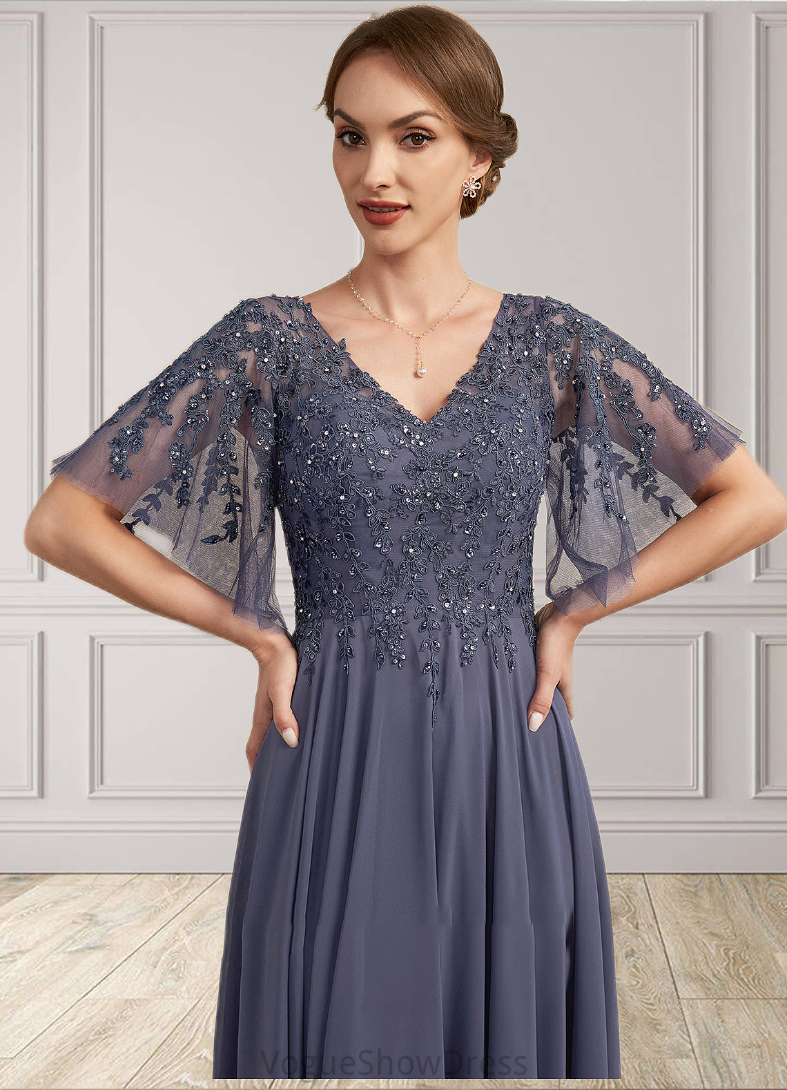 Florence A-line V-Neck Floor-Length Chiffon Lace Mother of the Bride Dress With Beading Sequins DL126P0014571