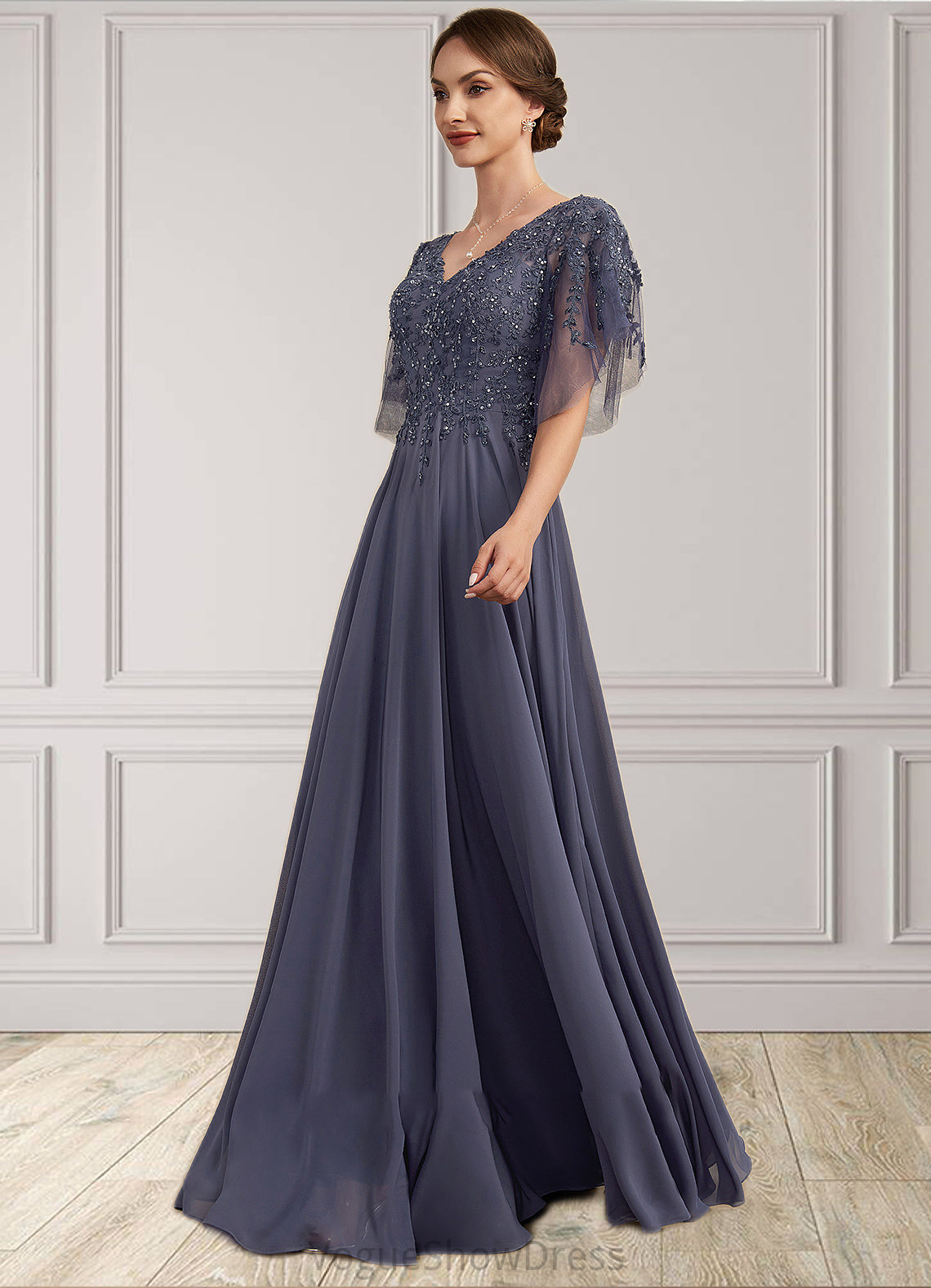 Florence A-line V-Neck Floor-Length Chiffon Lace Mother of the Bride Dress With Beading Sequins DL126P0014571