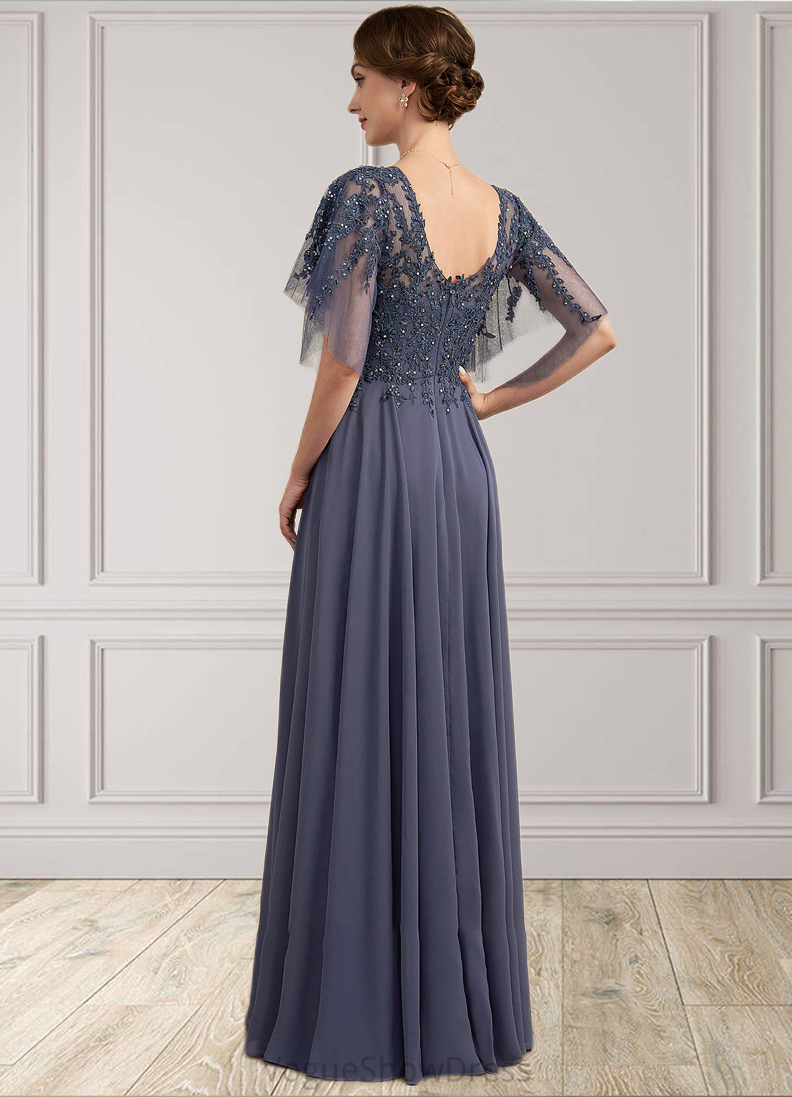 Florence A-line V-Neck Floor-Length Chiffon Lace Mother of the Bride Dress With Beading Sequins DL126P0014571