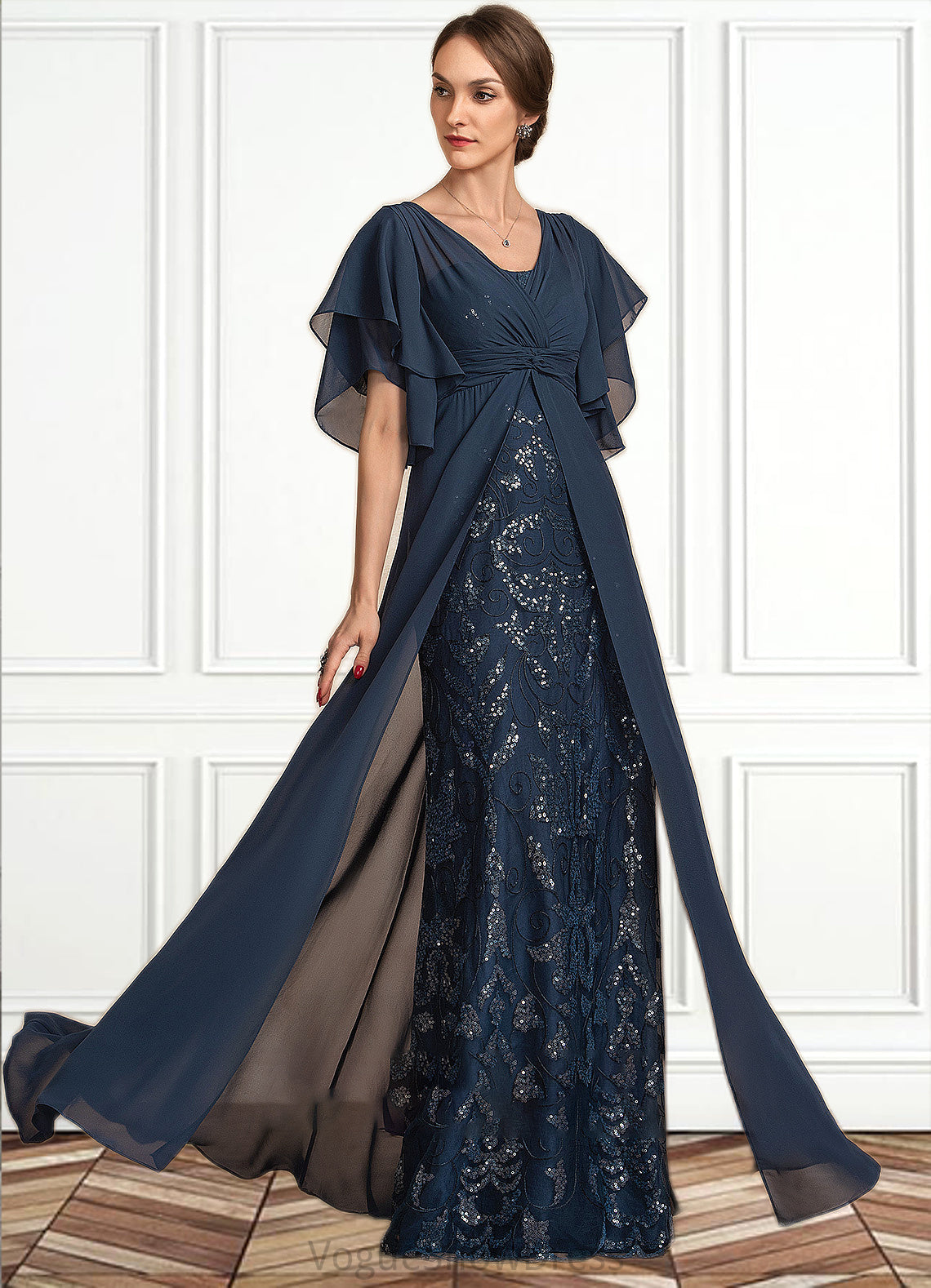 Veronica Sheath/Column V-neck Floor-Length Chiffon Lace Mother of the Bride Dress With Ruffle Sequins DL126P0014573