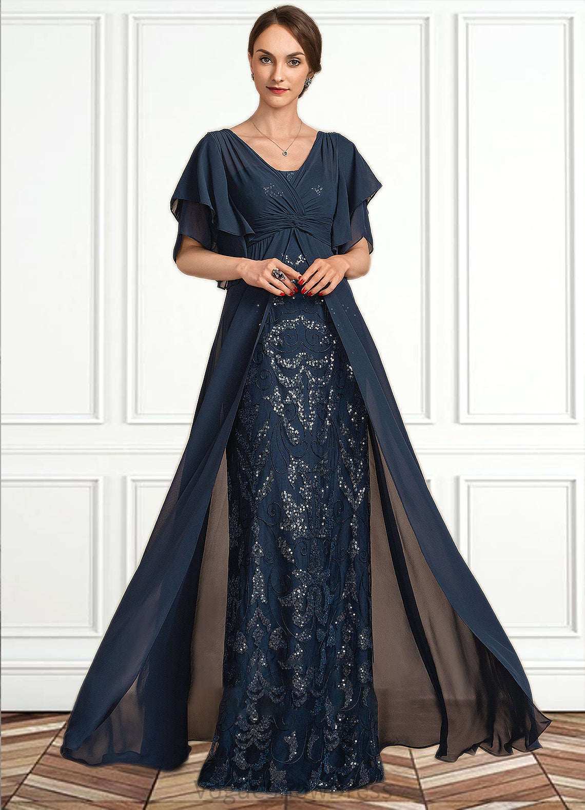 Veronica Sheath/Column V-neck Floor-Length Chiffon Lace Mother of the Bride Dress With Ruffle Sequins DL126P0014573