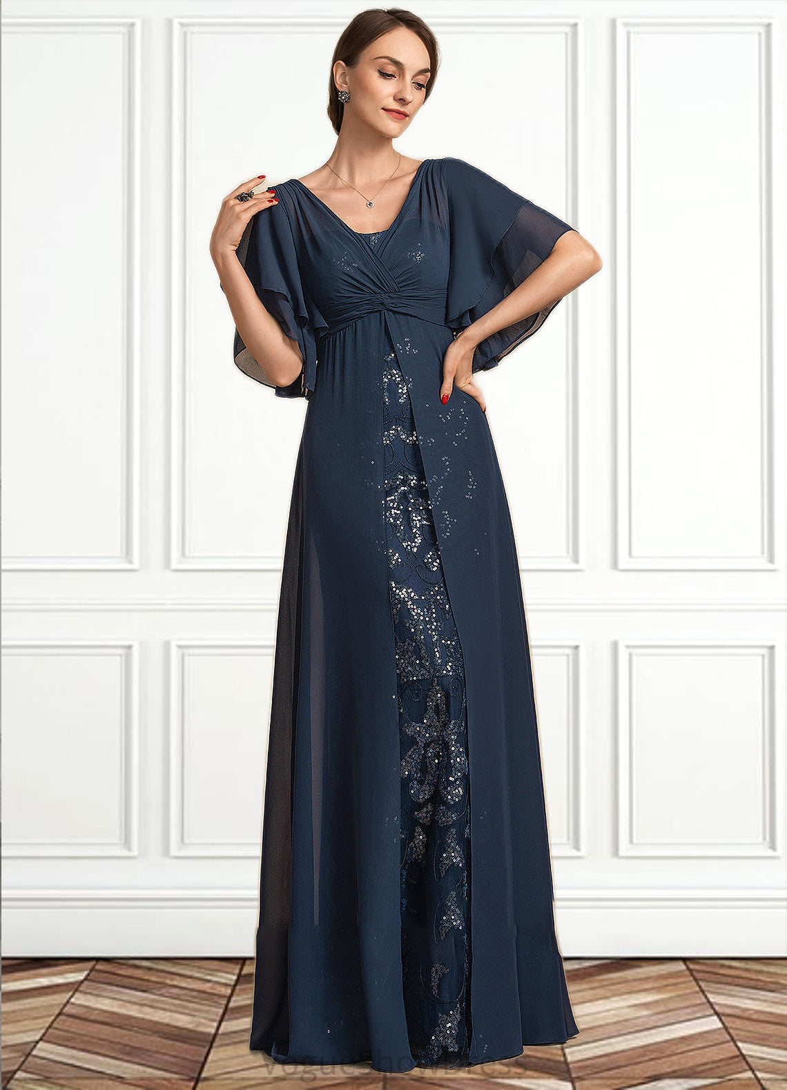 Veronica Sheath/Column V-neck Floor-Length Chiffon Lace Mother of the Bride Dress With Ruffle Sequins DL126P0014573