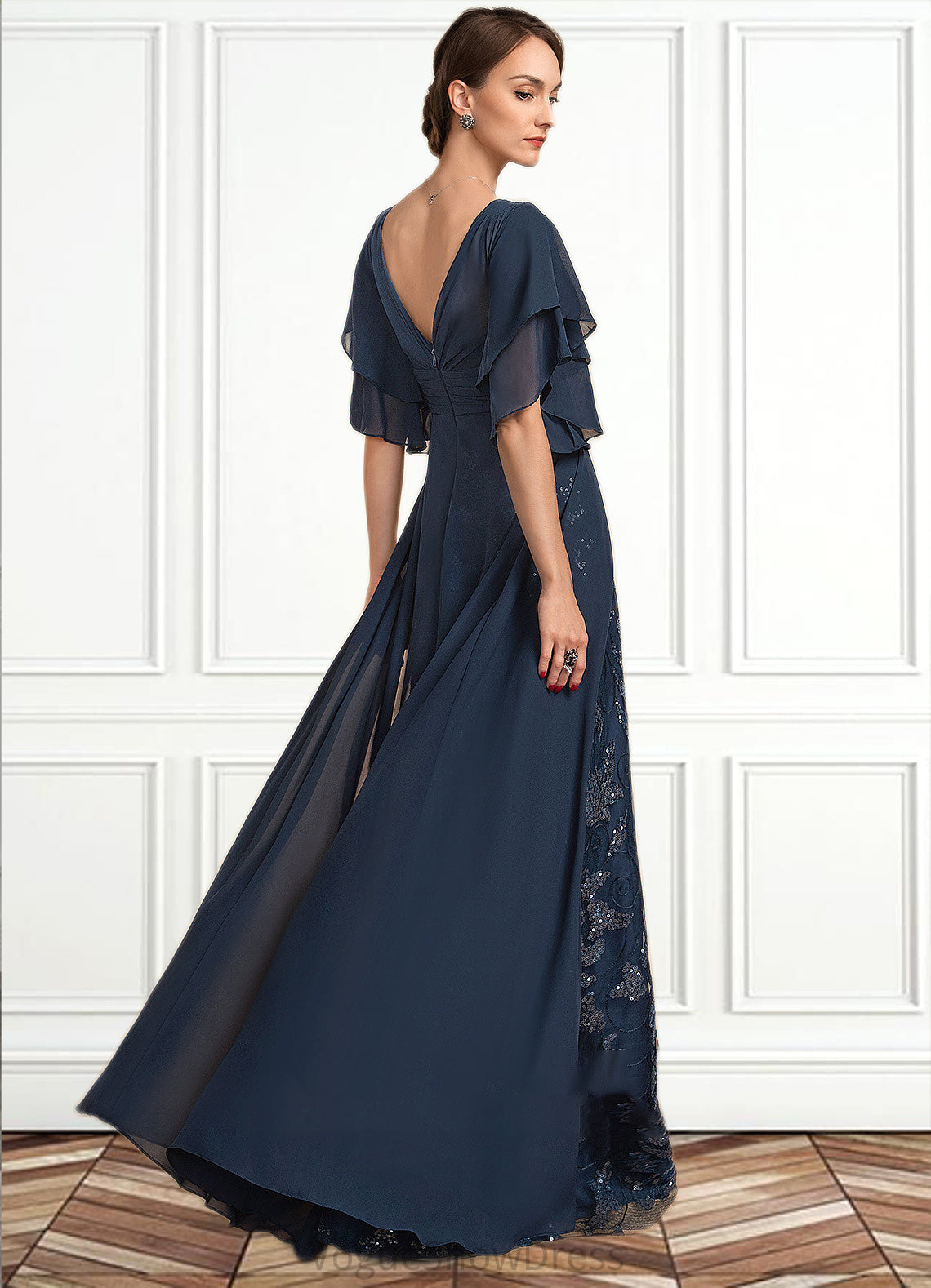 Veronica Sheath/Column V-neck Floor-Length Chiffon Lace Mother of the Bride Dress With Ruffle Sequins DL126P0014573