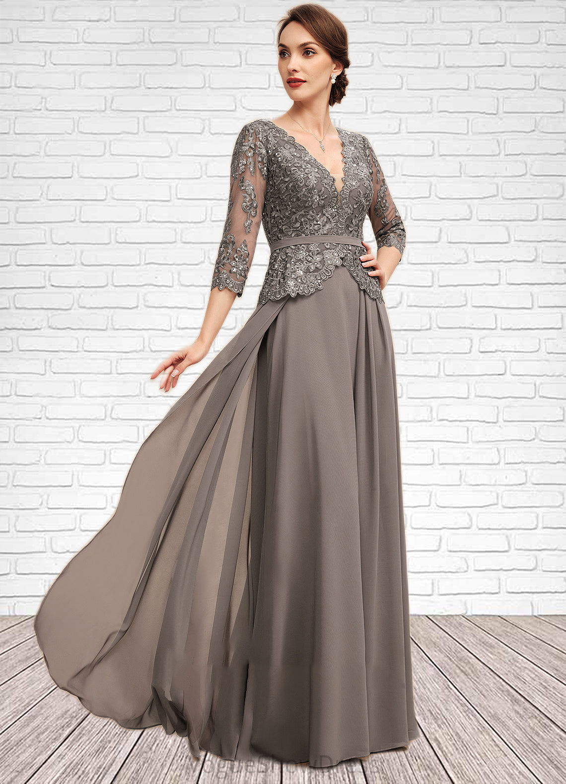 Isla A-Line V-neck Floor-Length Chiffon Lace Mother of the Bride Dress With Sequins DL126P0014574