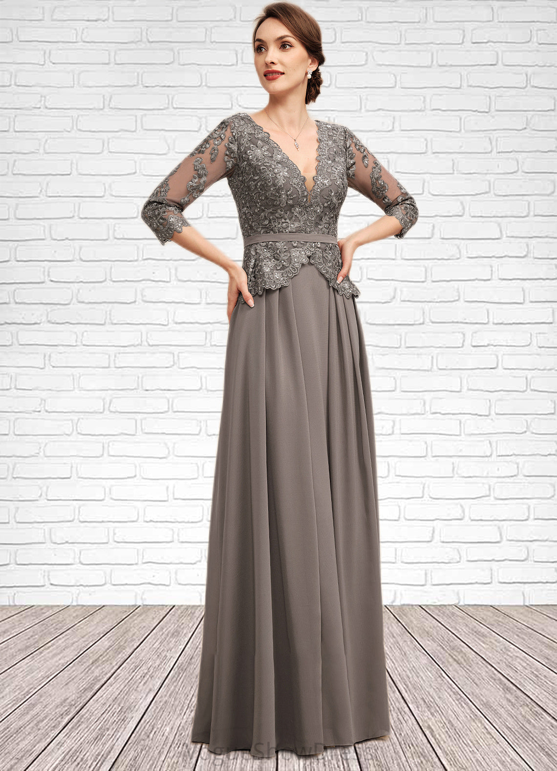 Isla A-Line V-neck Floor-Length Chiffon Lace Mother of the Bride Dress With Sequins DL126P0014574