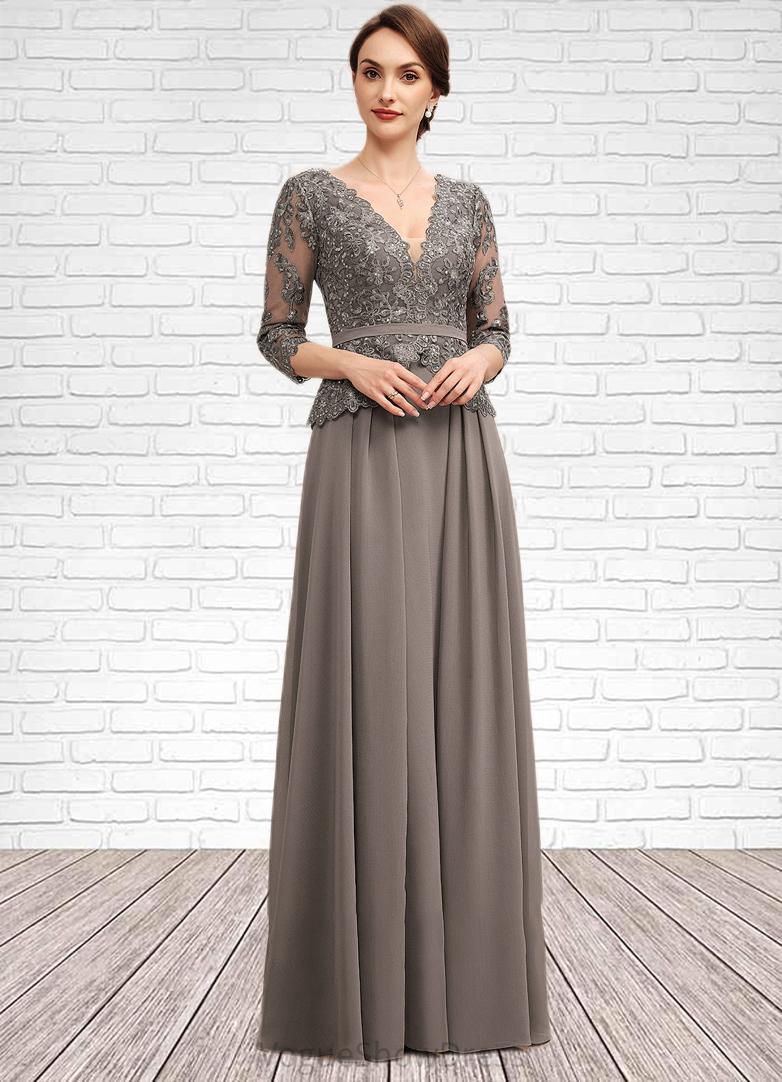 Isla A-Line V-neck Floor-Length Chiffon Lace Mother of the Bride Dress With Sequins DL126P0014574