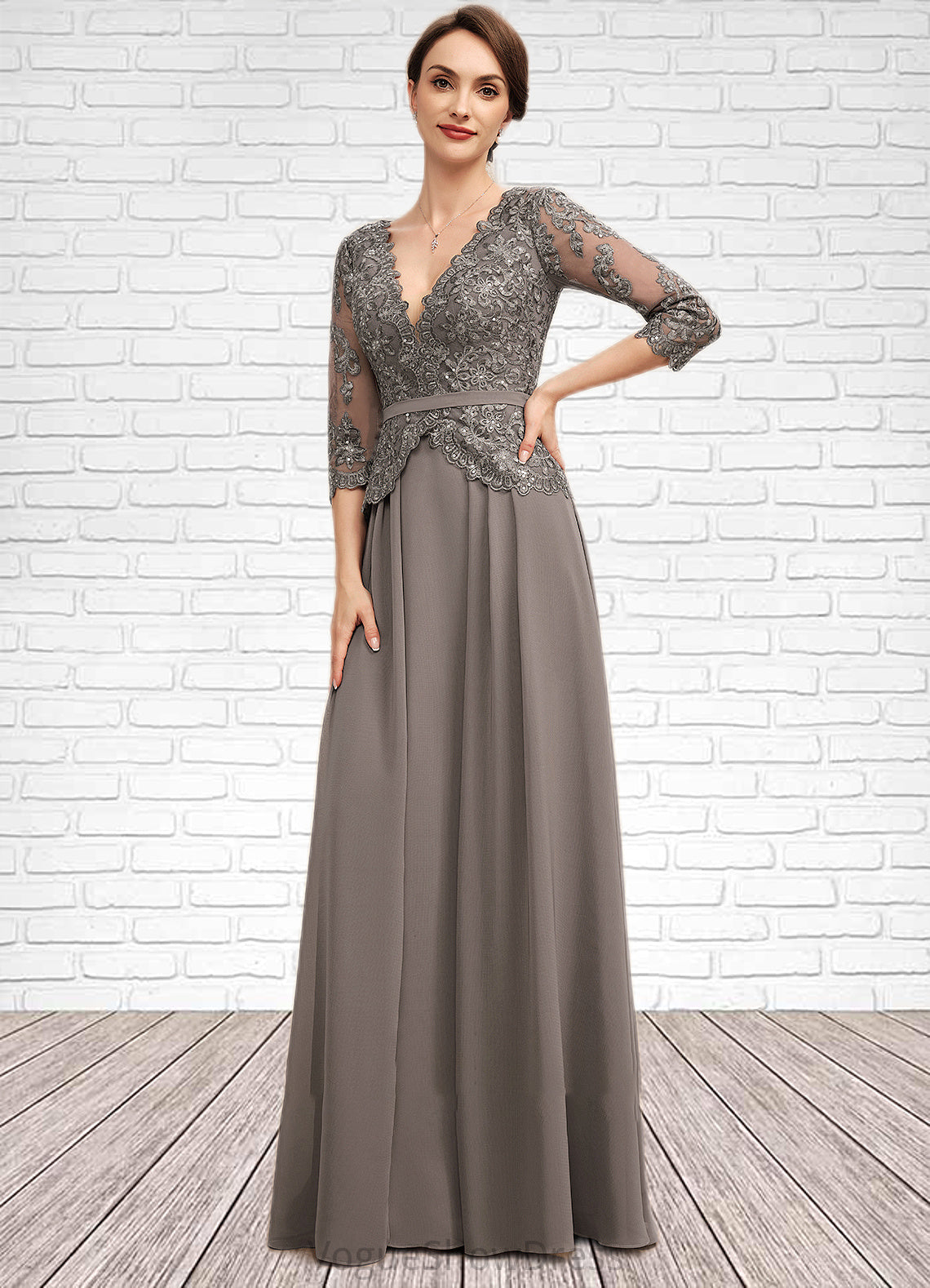 Isla A-Line V-neck Floor-Length Chiffon Lace Mother of the Bride Dress With Sequins DL126P0014574