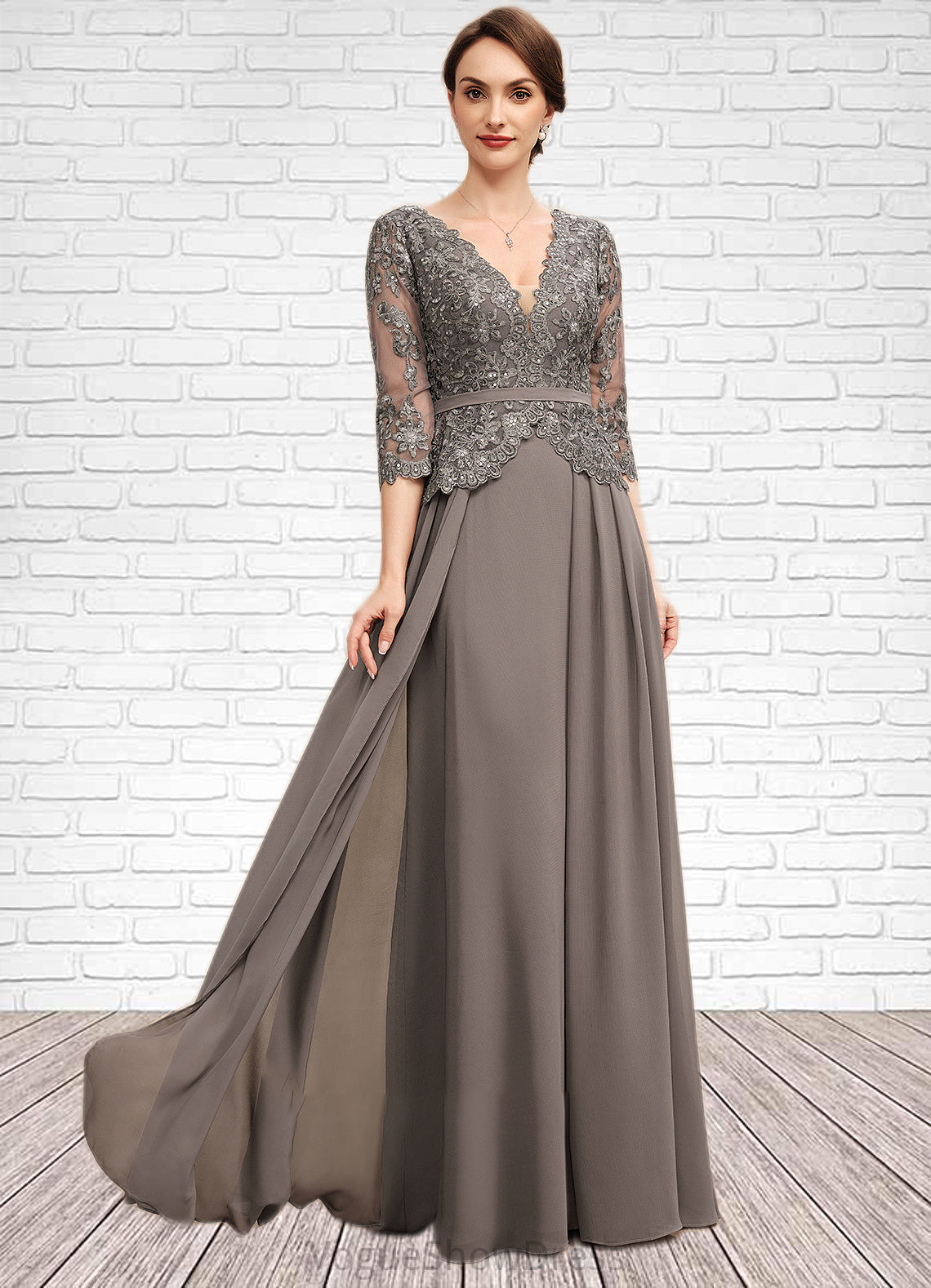 Isla A-Line V-neck Floor-Length Chiffon Lace Mother of the Bride Dress With Sequins DL126P0014574