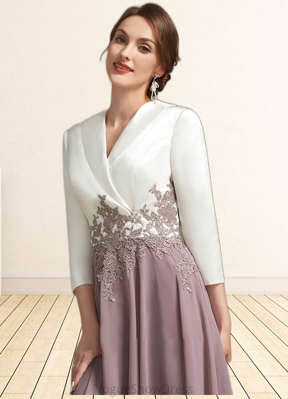 Brylee A-Line V-neck Tea-Length Chiffon Lace Mother of the Bride Dress DL126P0014575