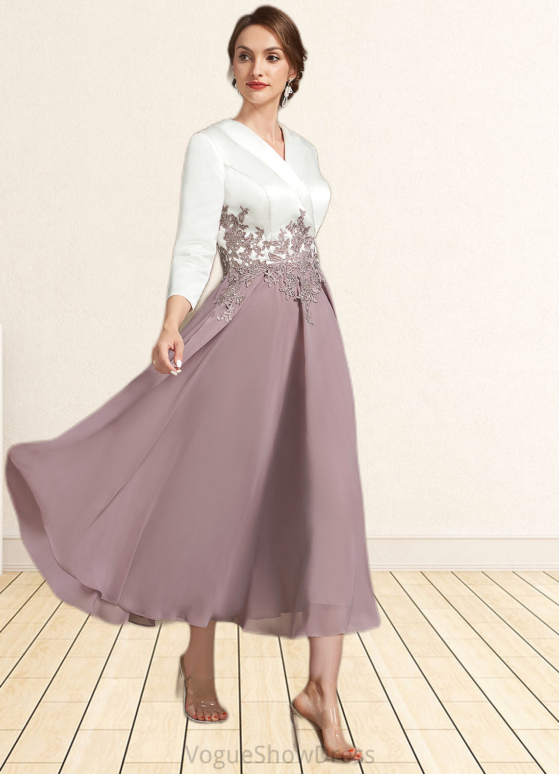 Brylee A-Line V-neck Tea-Length Chiffon Lace Mother of the Bride Dress DL126P0014575