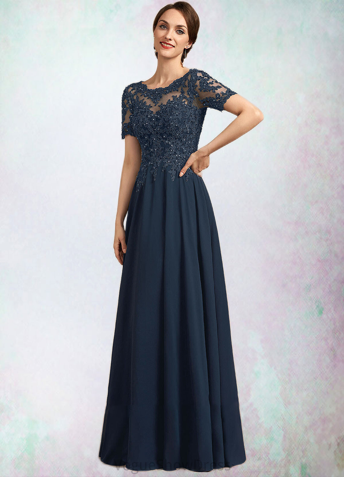 Angie A-Line Scoop Neck Floor-Length Chiffon Lace Mother of the Bride Dress With Beading Sequins DL126P0014577