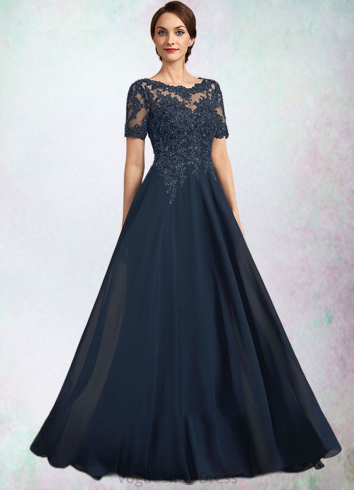 Angie A-Line Scoop Neck Floor-Length Chiffon Lace Mother of the Bride Dress With Beading Sequins DL126P0014577