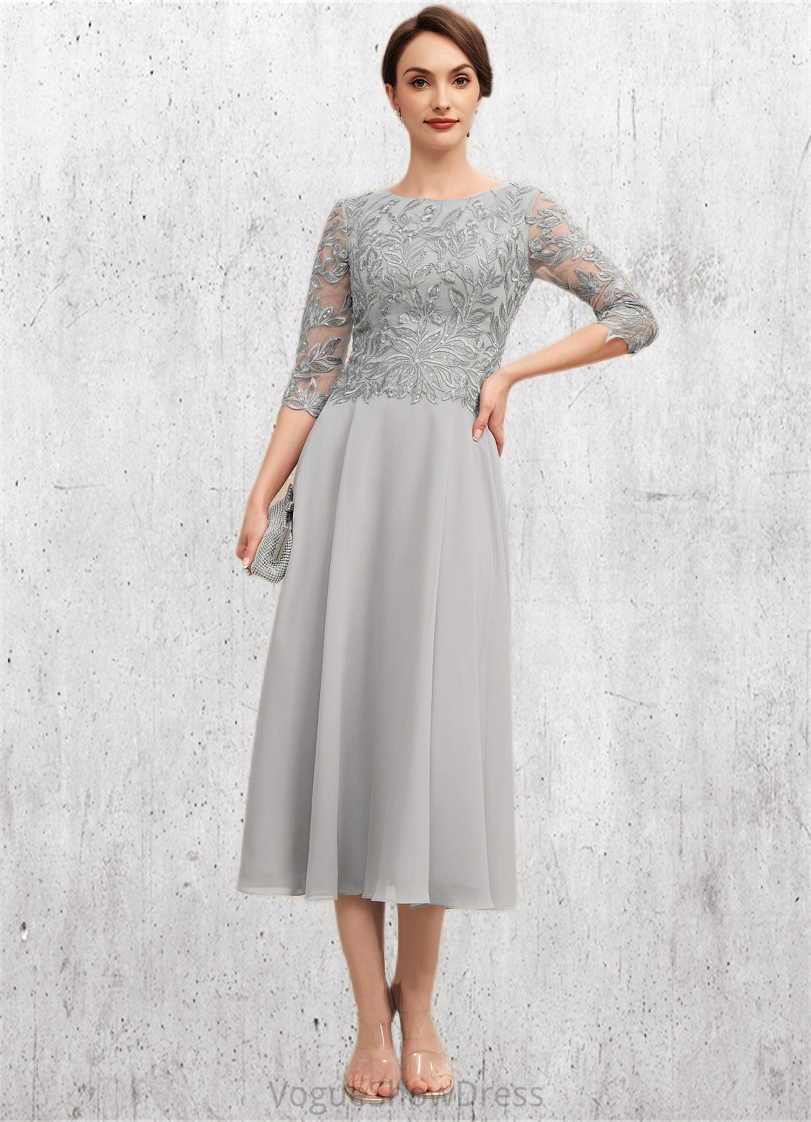 Delaney A-Line Scoop Neck Tea-Length Chiffon Lace Mother of the Bride Dress With Sequins DL126P0014580