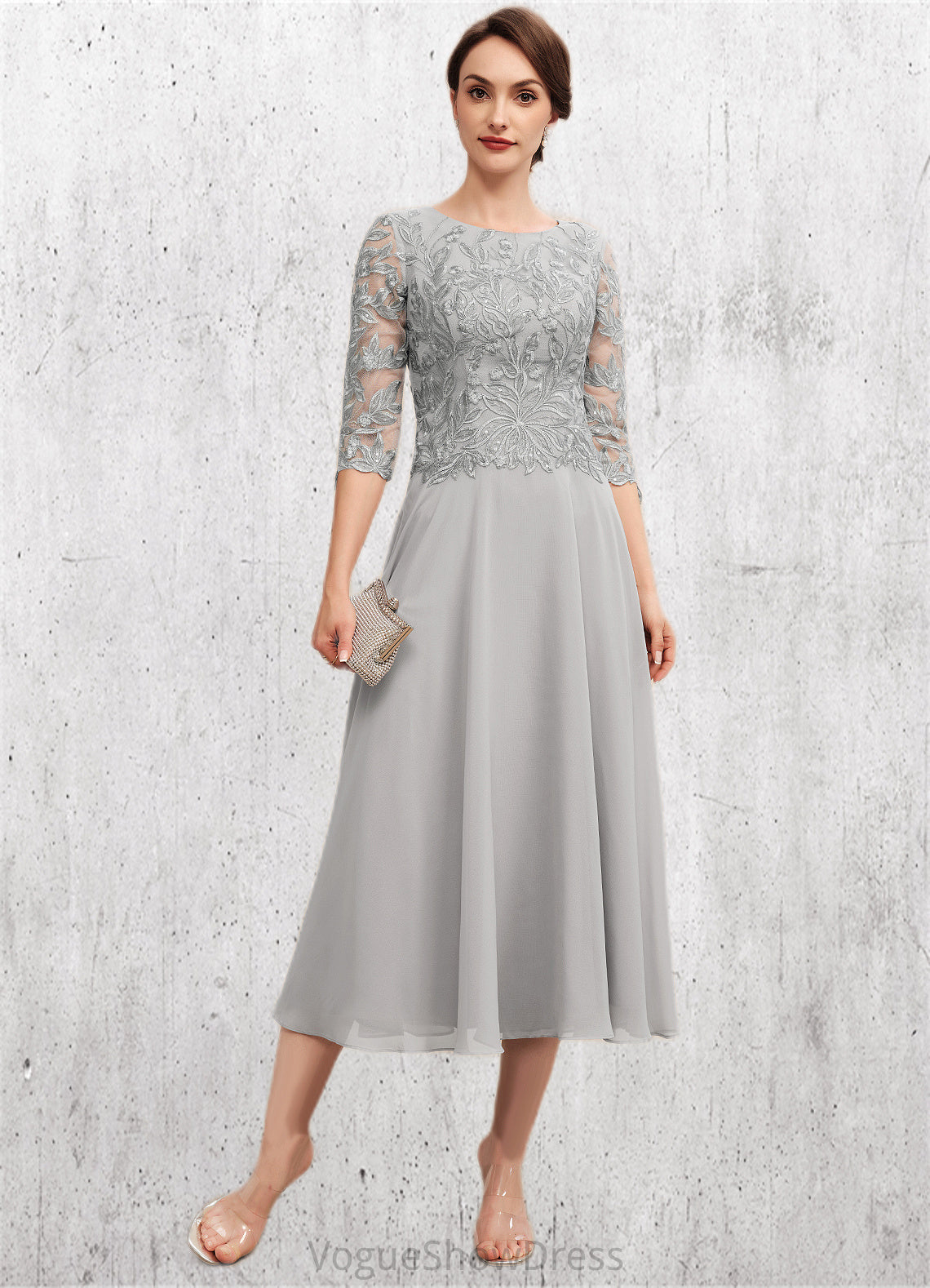 Delaney A-Line Scoop Neck Tea-Length Chiffon Lace Mother of the Bride Dress With Sequins DL126P0014580