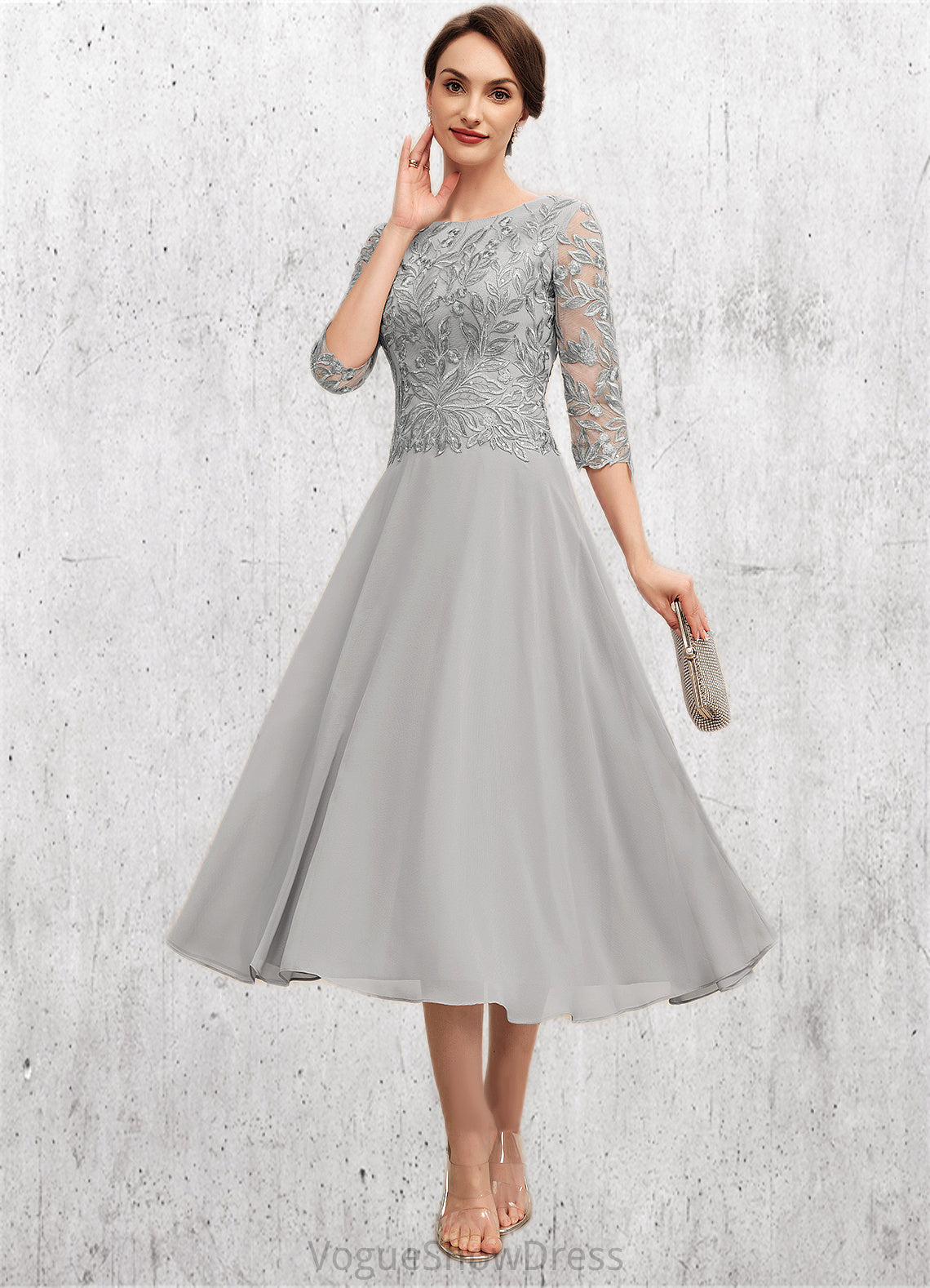 Delaney A-Line Scoop Neck Tea-Length Chiffon Lace Mother of the Bride Dress With Sequins DL126P0014580