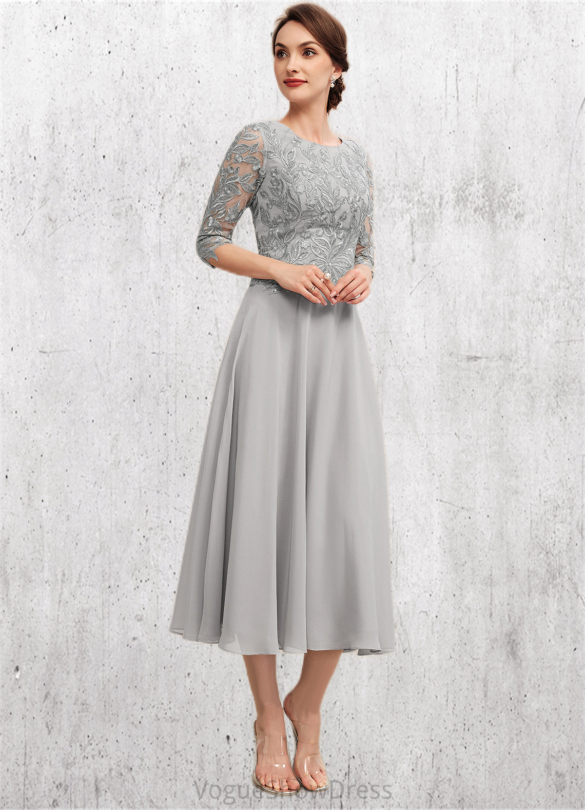 Delaney A-Line Scoop Neck Tea-Length Chiffon Lace Mother of the Bride Dress With Sequins DL126P0014580