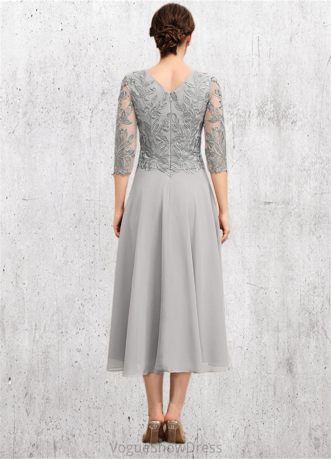 Delaney A-Line Scoop Neck Tea-Length Chiffon Lace Mother of the Bride Dress With Sequins DL126P0014580